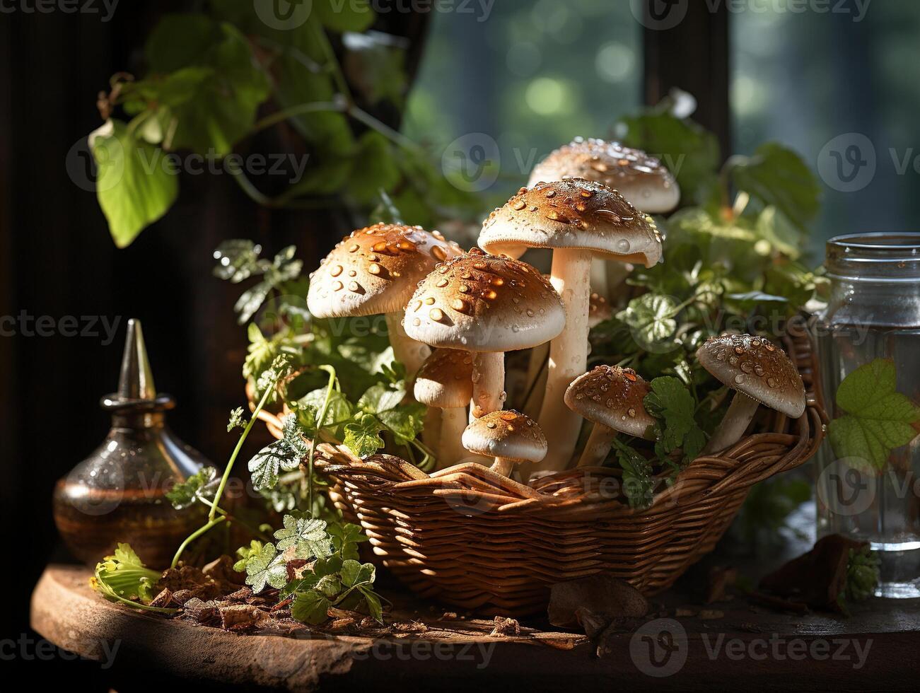 ai gegenereerd champignons in de dauw generatief ai foto