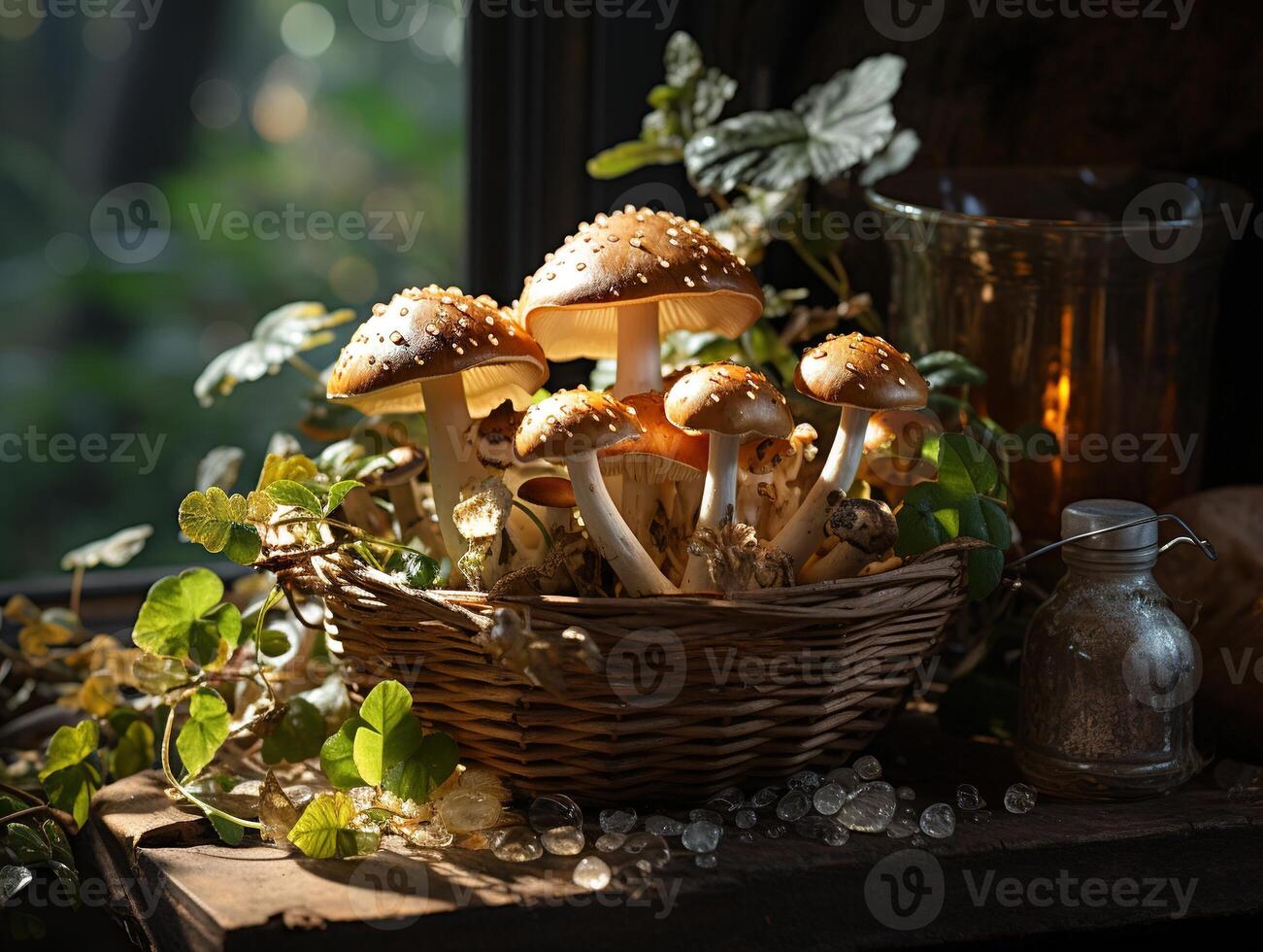 ai gegenereerd champignons in de dauw generatief ai foto