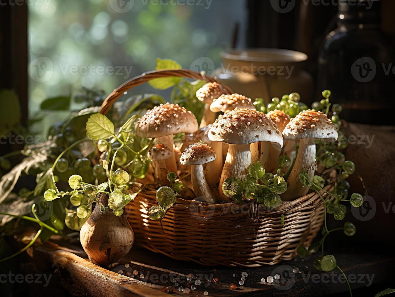 ai gegenereerd champignons in de dauw generatief ai foto