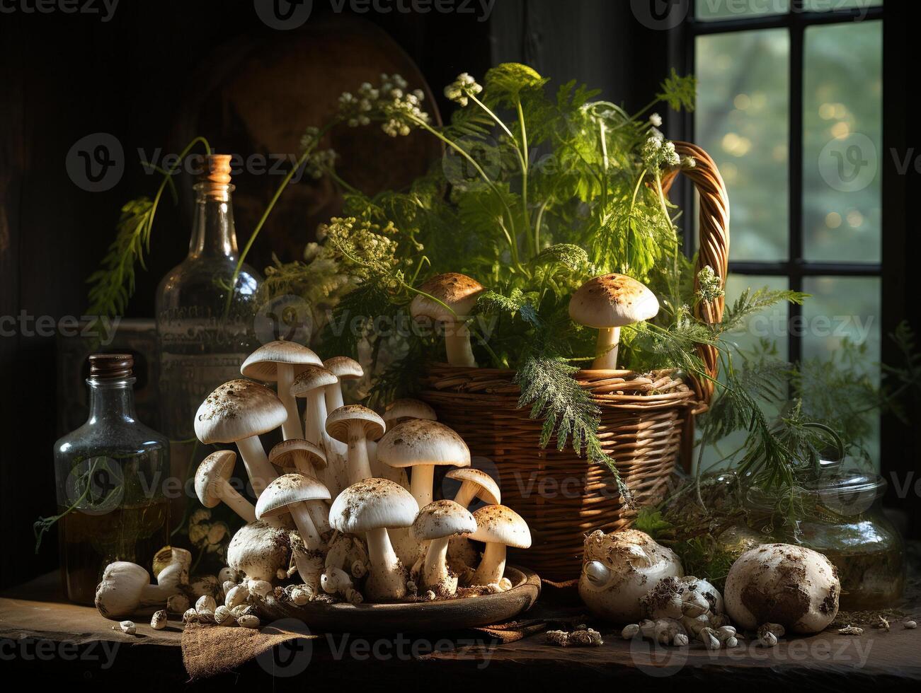 ai gegenereerd champignons in de dauw generatief ai foto