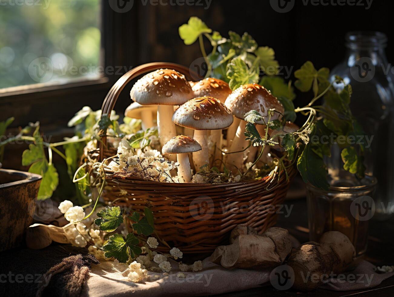 ai gegenereerd champignons in de dauw generatief ai foto