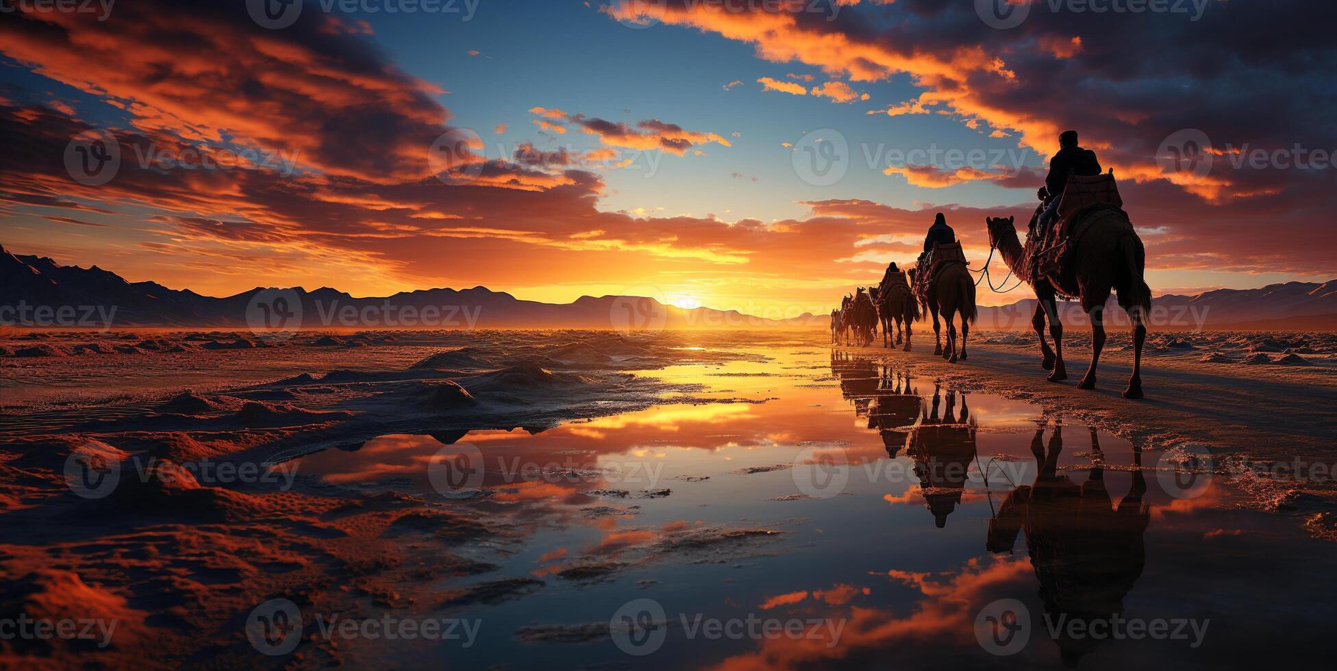 ai gegenereerd kameel caravan Bij zonsondergang generatief ai foto