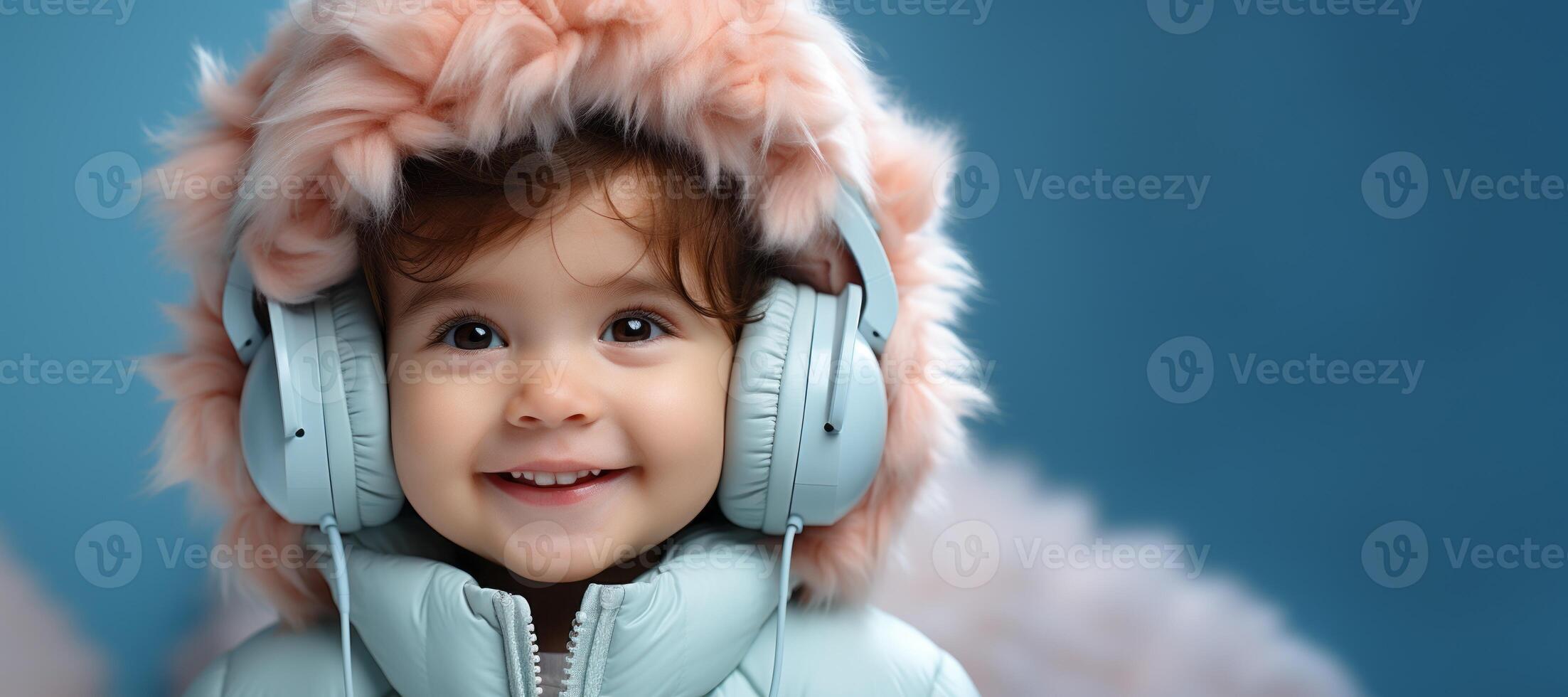 ai gegenereerd gelukkig kind in hoofdtelefoons luisteren naar muziek- banier generatief ai foto