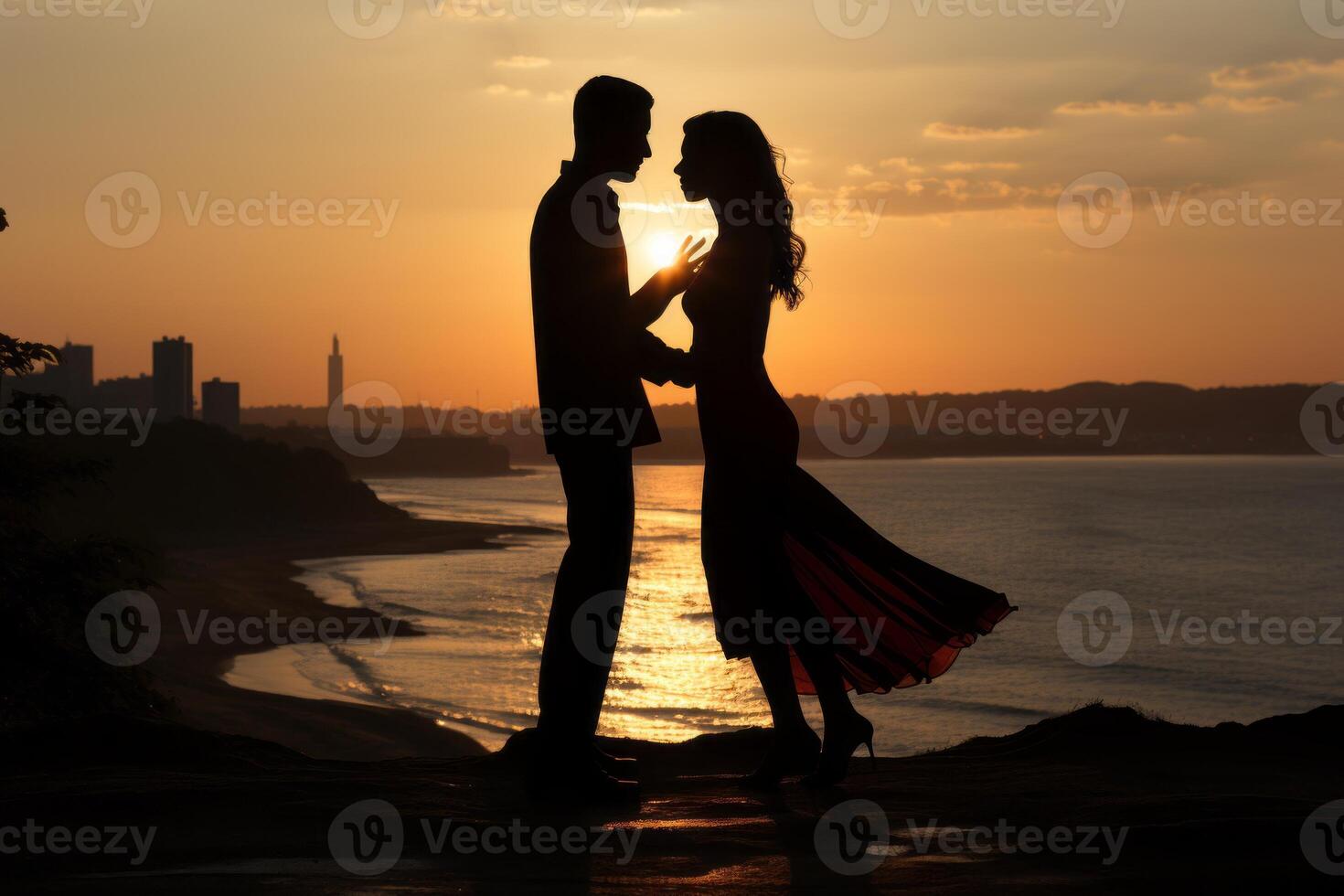 ai gegenereerd silhouet van een paar in liefde dansen Aan de kust Bij zonsondergang generatief ai foto