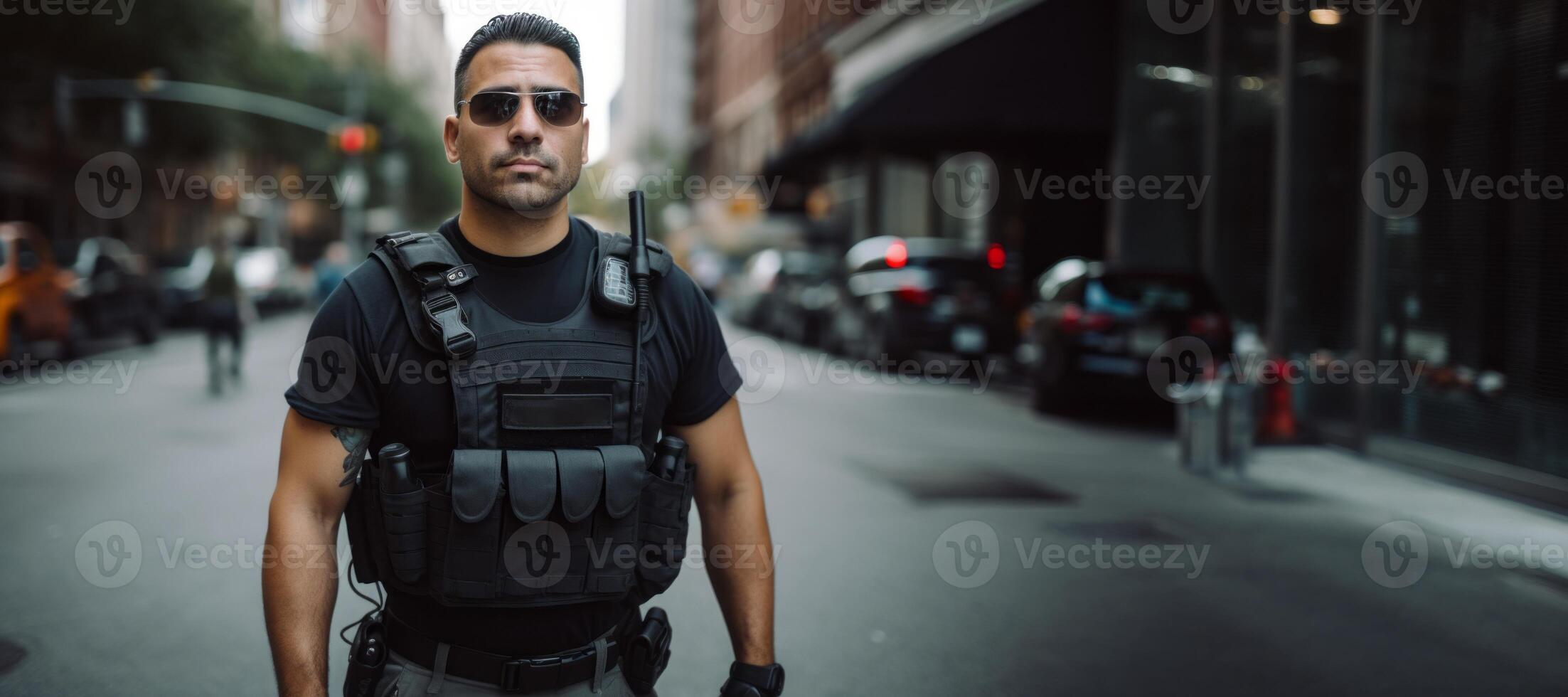 ai gegenereerd mannetje Politie officier Aan een stad straat generatief ai foto