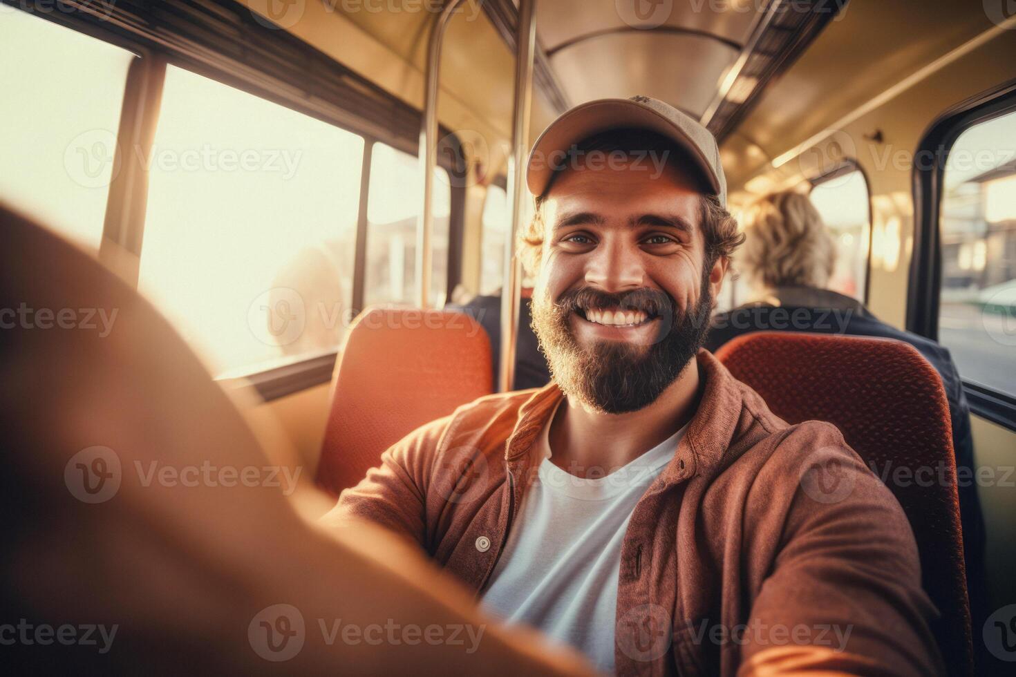 ai gegenereerd mannetje toerist nemen selfie Aan trein generatief ai foto