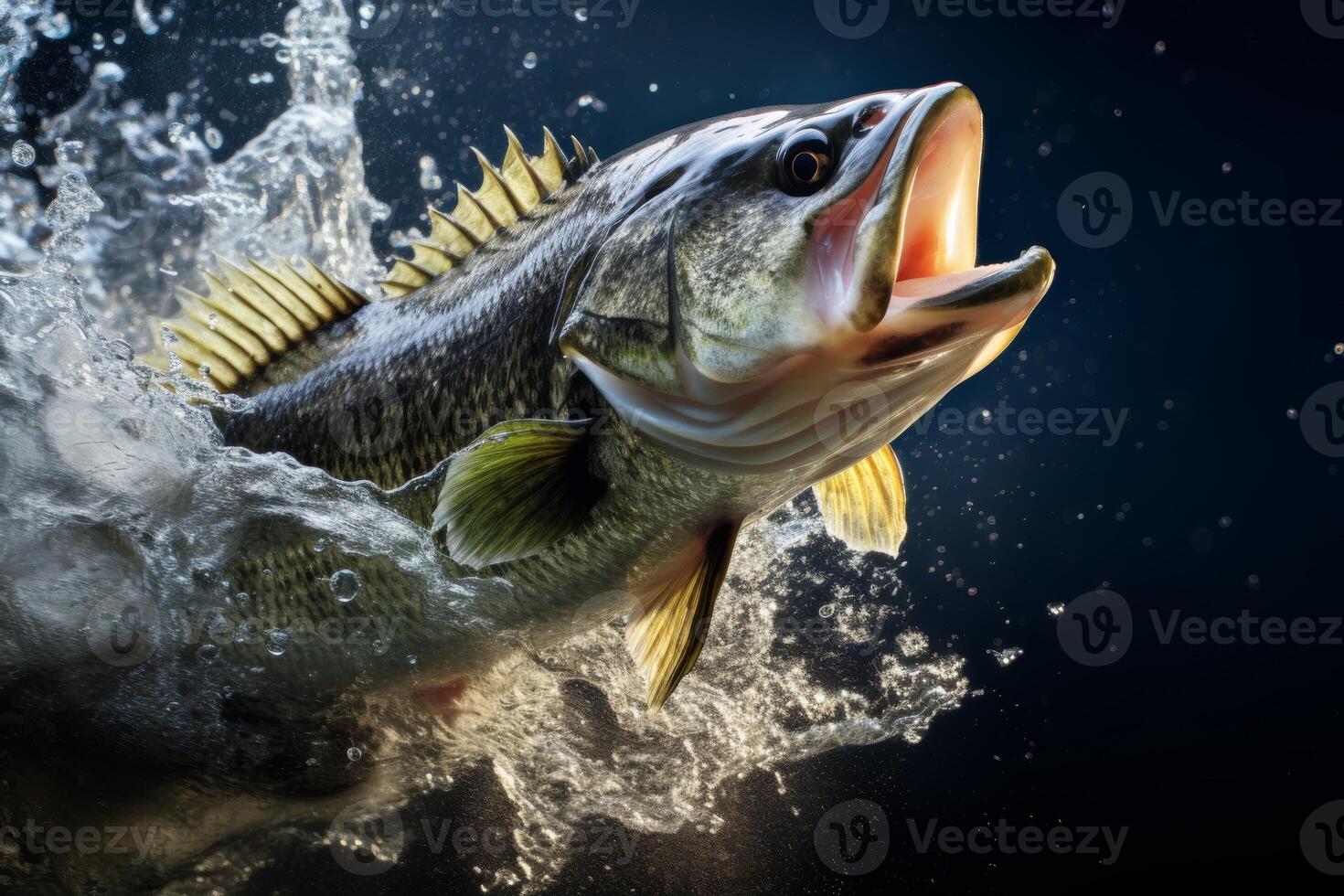 Largemouth bas jumping uit van de water spatten foto