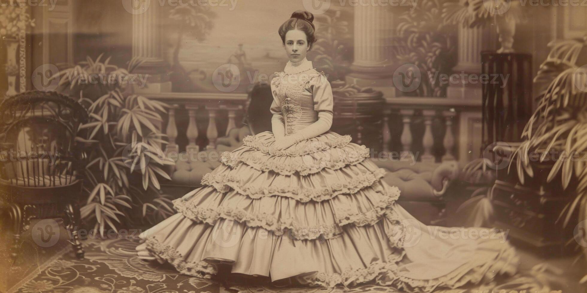 vrouw in jurk 19e eeuw stilering wijnoogst foto