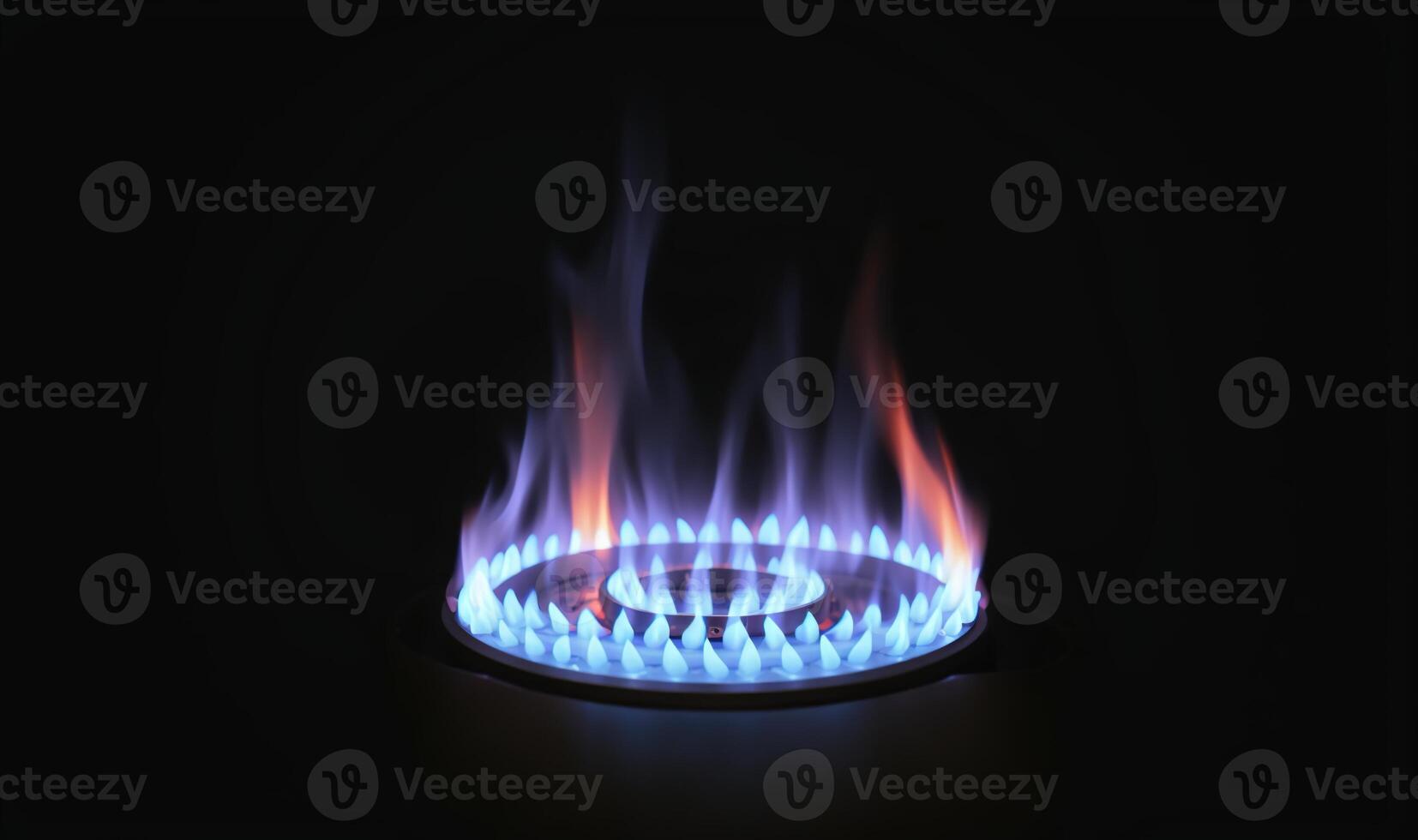 blauw vlam van een gas- brander Aan een zwart achtergrond foto