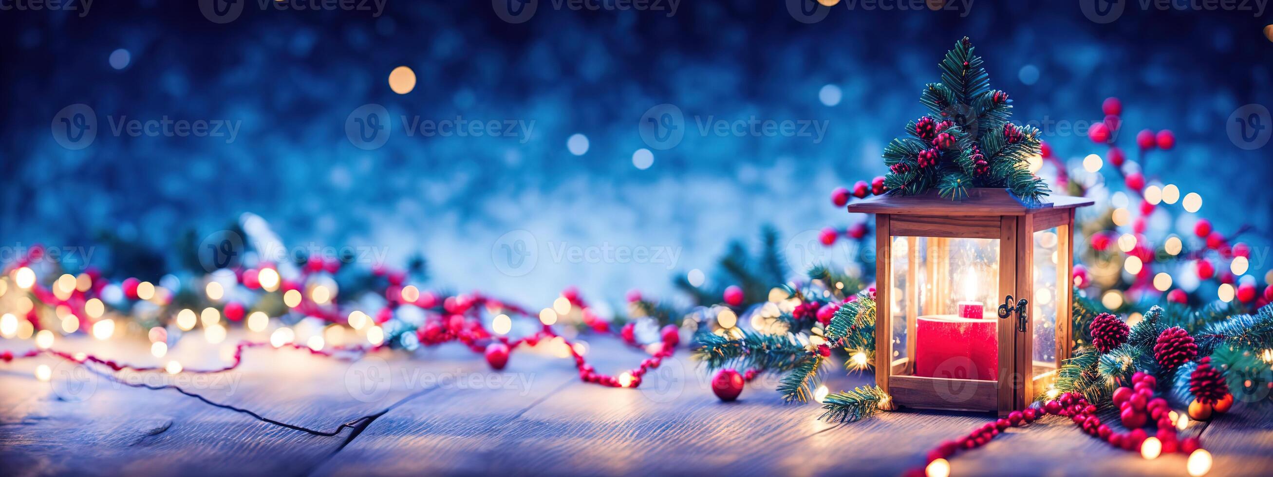 Kerstmis lichten slingers Kerstmis boom Aan houten tafel banier foto