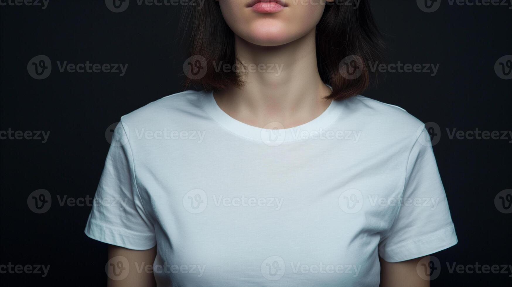 blanco wit t-shirt model. Kaukasisch vrouw met wit t-shirt geïsoleerd Aan zwart achtergrond. foto
