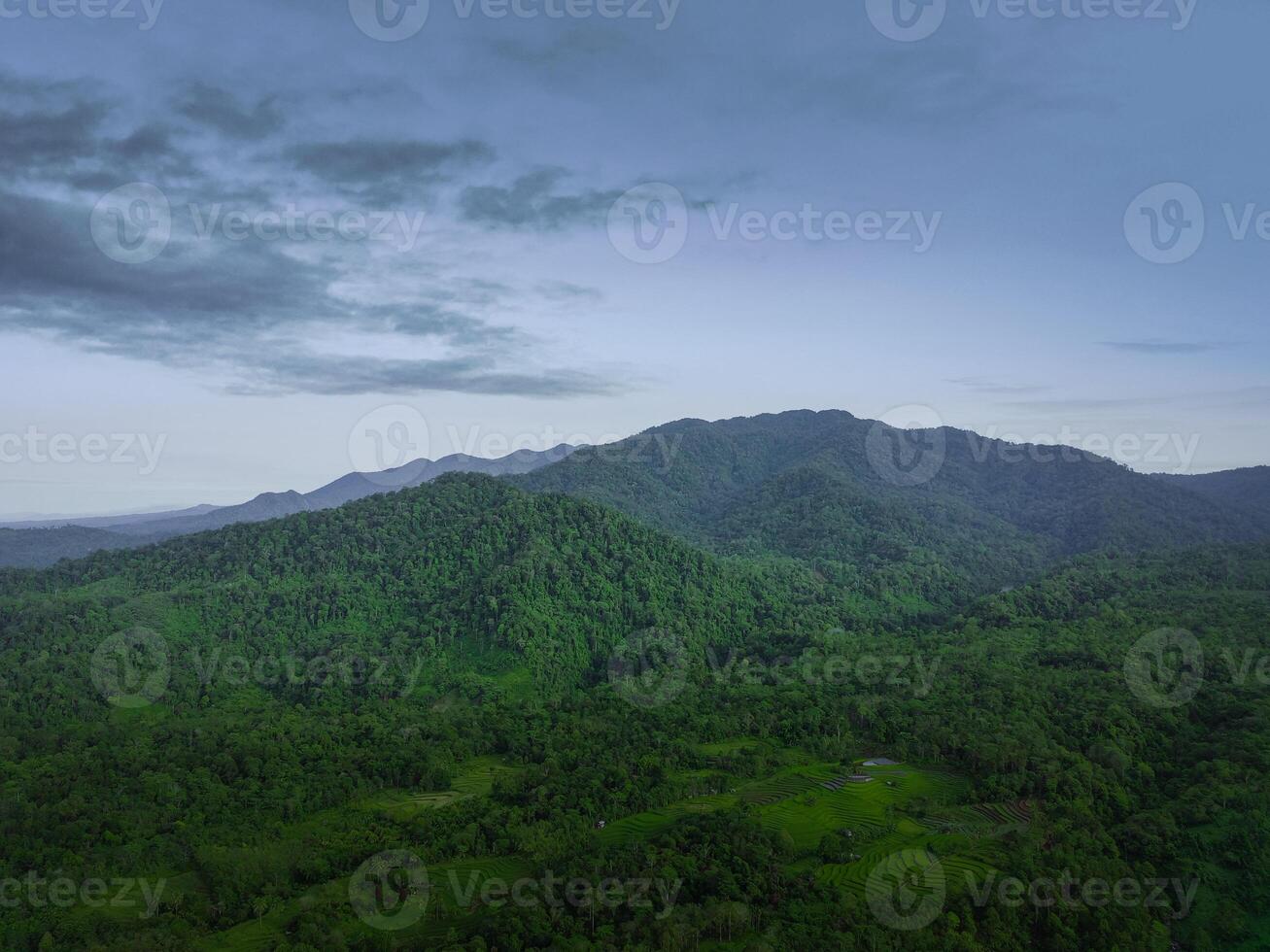 mooi ochtend- visie van Indonesië van bergen en tropisch Woud foto