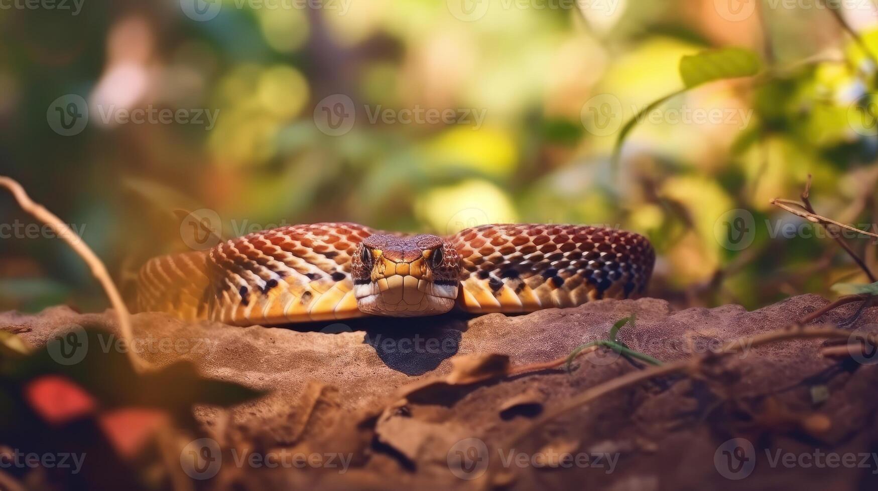 zonovergoten slang in natuurlijk leefgebied, een dichtbij omhoog van een cobra slang temidden van weelderig groen gebladerte. foto