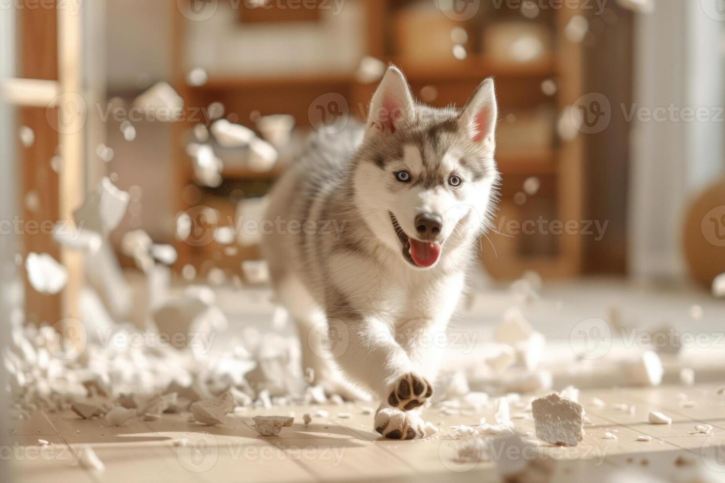 Siberisch schor, gebroken vaas fragmenten van porselein in de omgeving van de hond in een modern huis leven kamer Oppervlakte foto