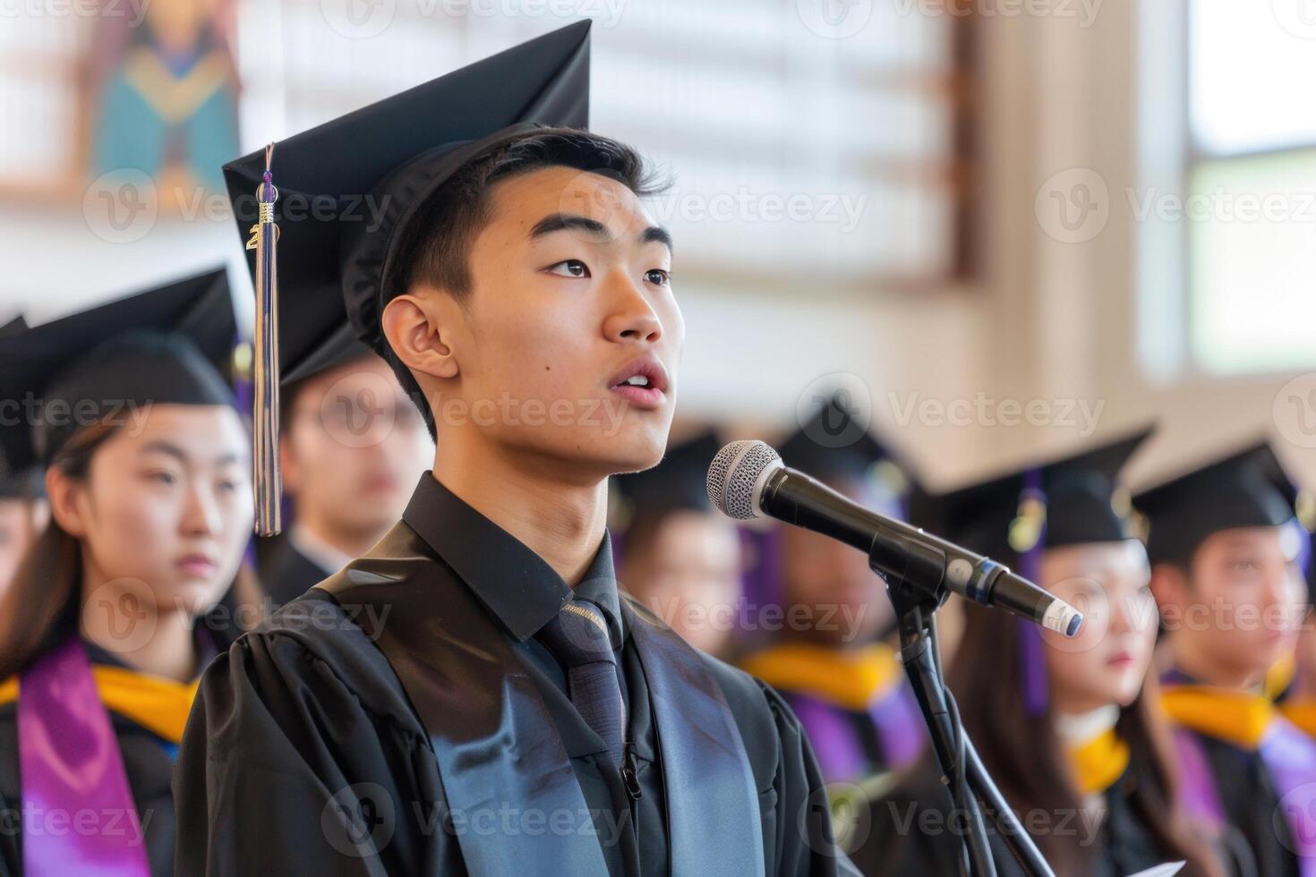 een Mens in een zwart diploma uitreiking gewaad staat in voorkant van een microfoon foto