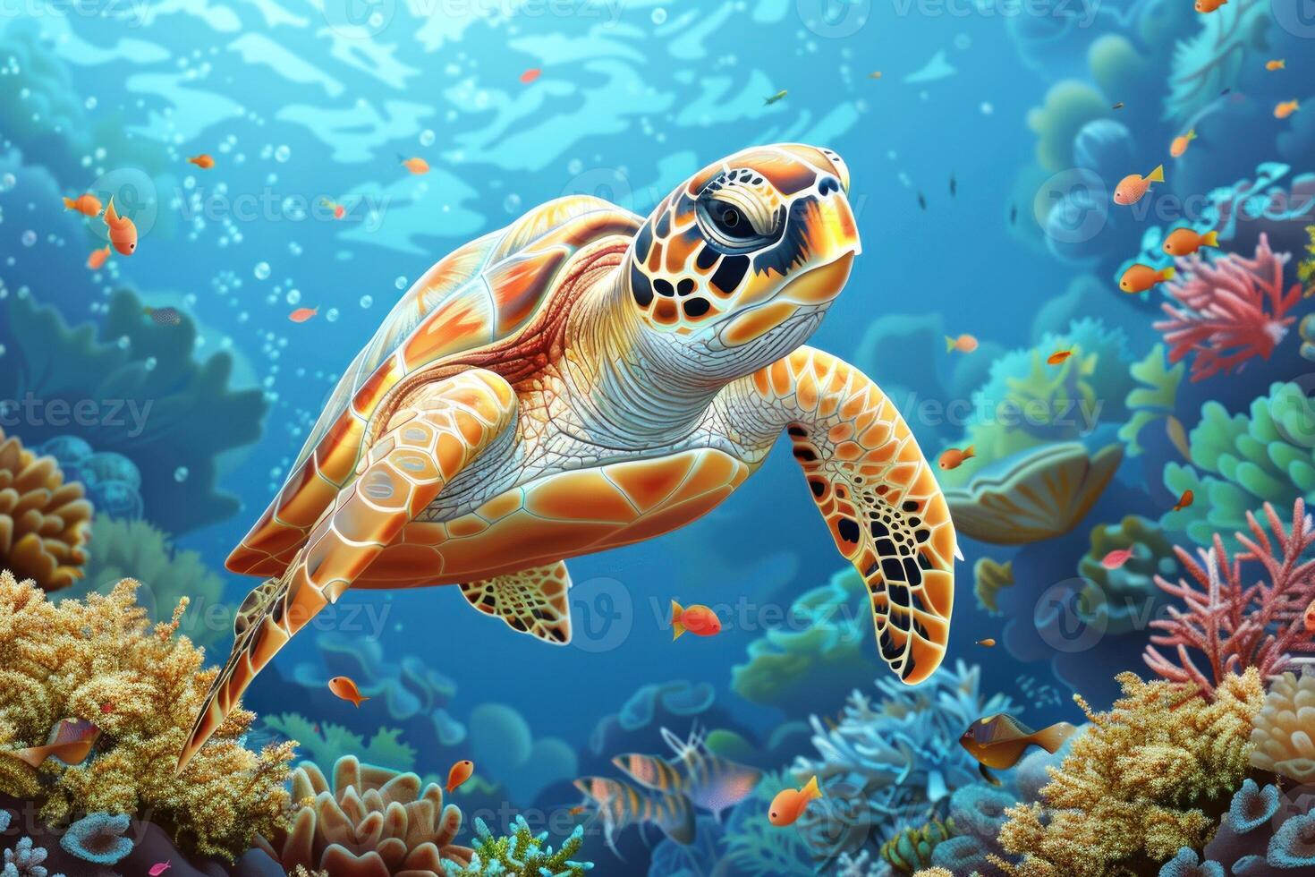 een schildpad zwemmen in de oceaan met een blauw en oranje schelp foto