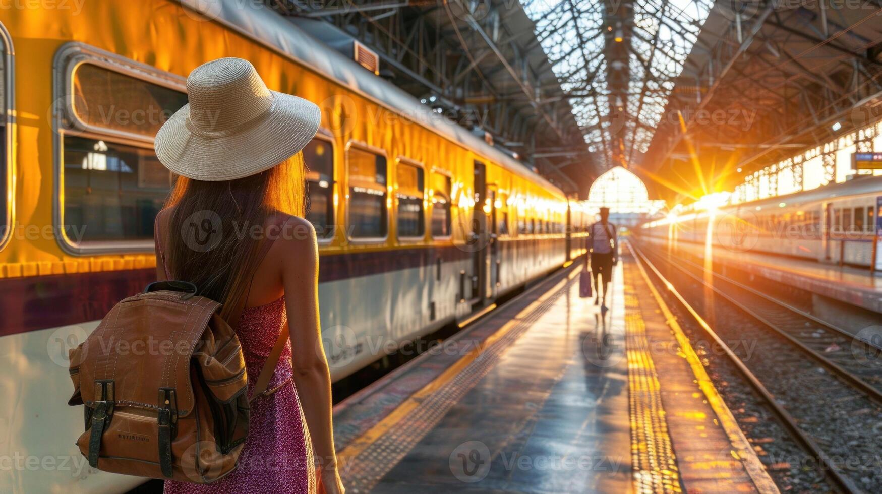 een vrouw vervelend een rietje hoed en een roze jurk is staand Aan een trein platform foto