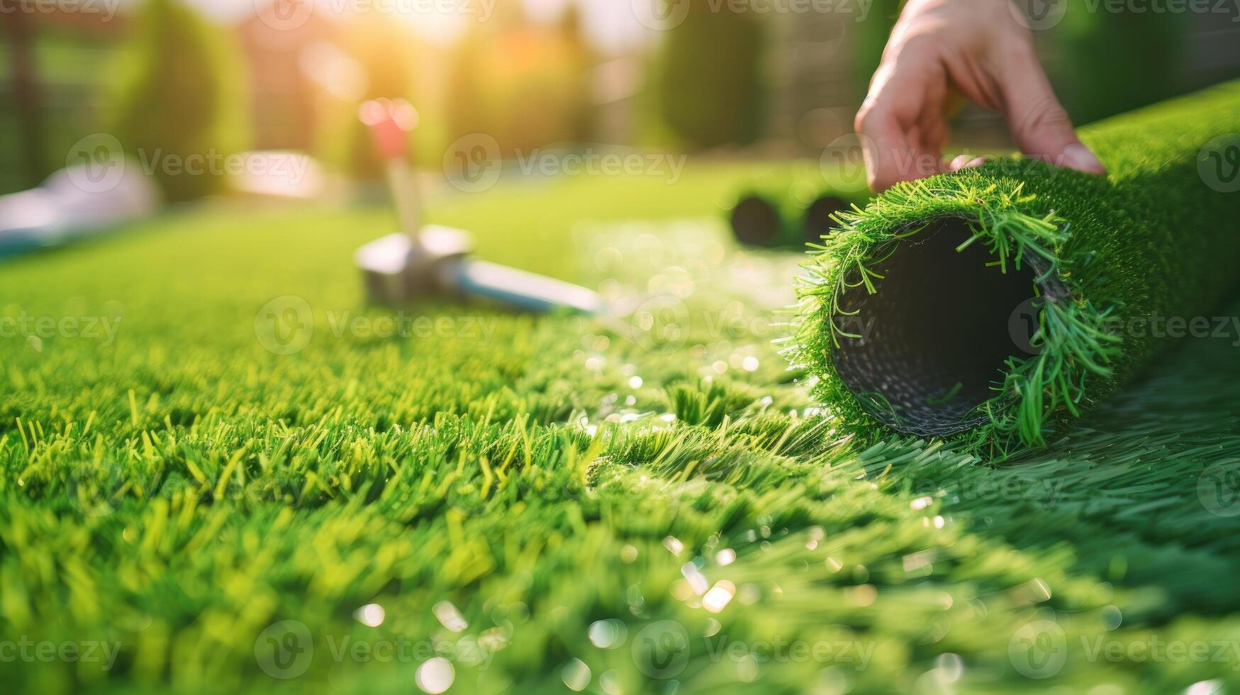 een Mens is houdende naar beneden een stuk van kunstmatig gras foto