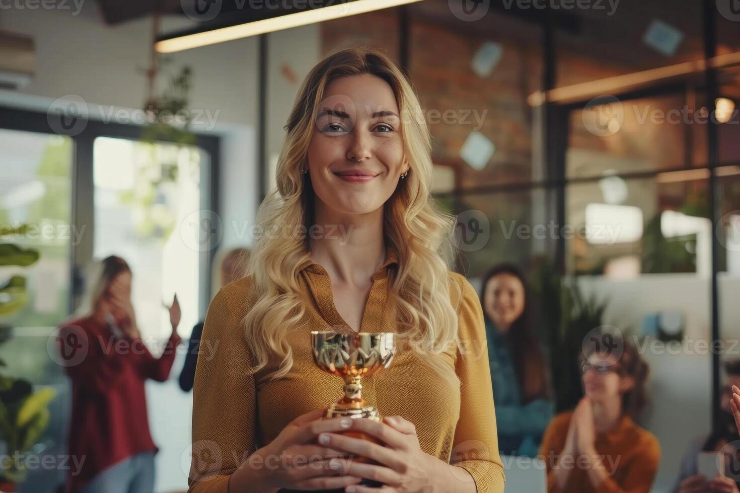 een vrouw is Holding een trofee en lachend, bedrijf succes concept foto