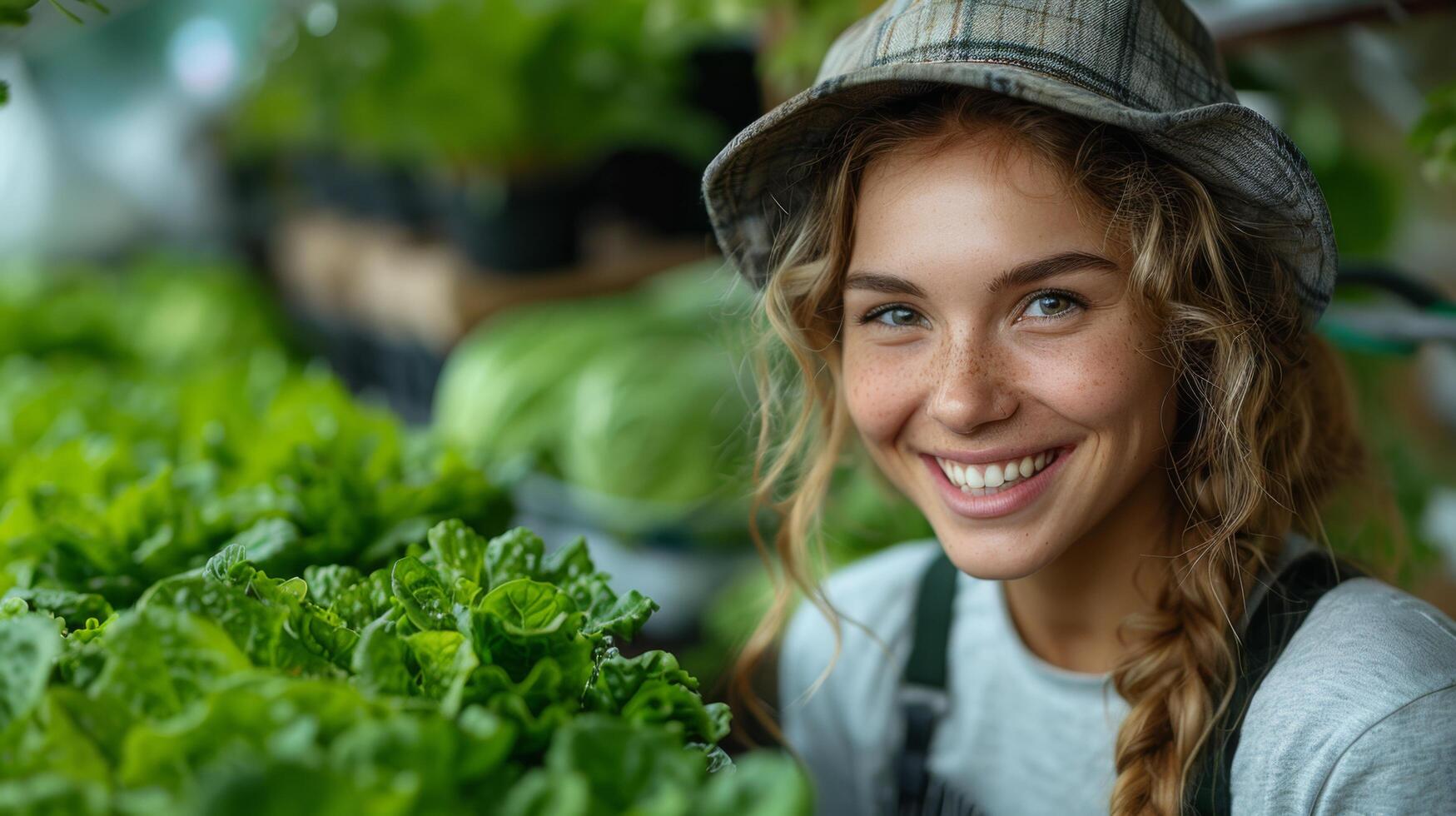 een vrolijk jong vrouw boer met gekruld haar- en sproeten glimlacht terwijl zorgzaam voor vers sla in een weelderig, groen tuin. ze draagt een plaid hoed en overall, belichamen een blij en natuurlijk landbouw foto