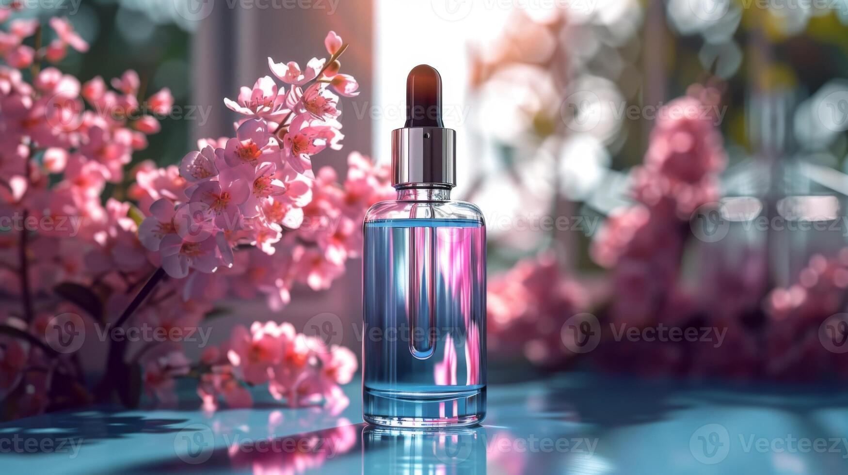 elegant serum druppelaar fles Aan een reflecterende oppervlakte met roze kers bloesems in de achtergrond, inkapselen lente huidsverzorging luxe. foto