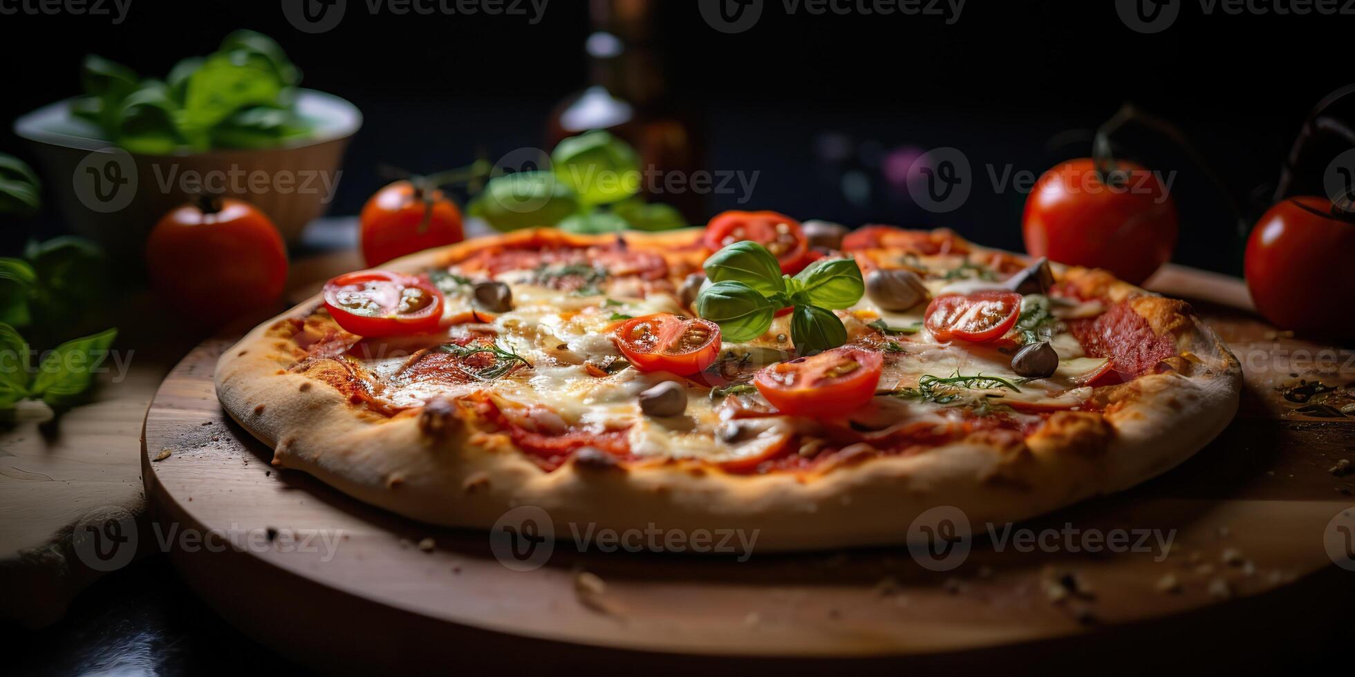 vers gebakken smakelijk pizza met vlees en groenten en kruiden Aan avondeten tafel. maaltijd voedsel restaurant achtergrond tafereel foto