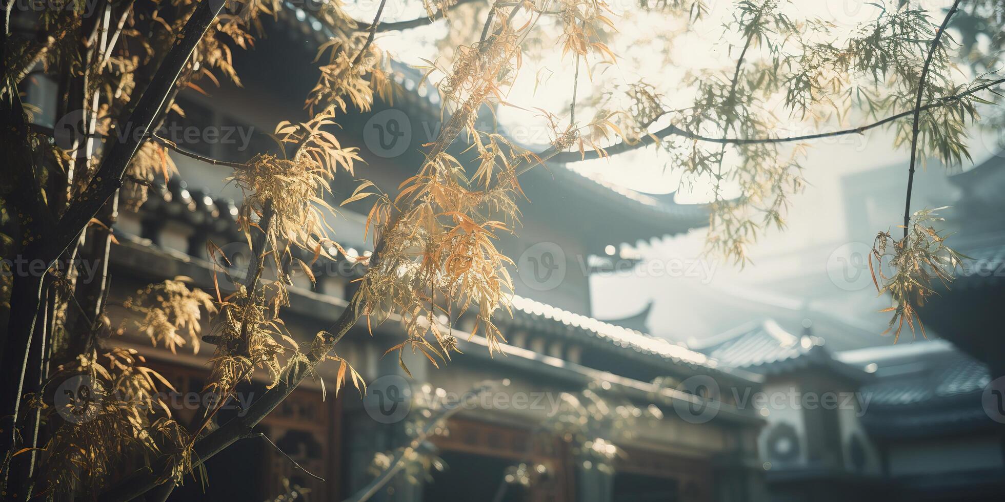 oude Aziatisch Japans Chinese oud wijnoogst retro stad- stad gebouw tempel met natuur boom bloemen foto