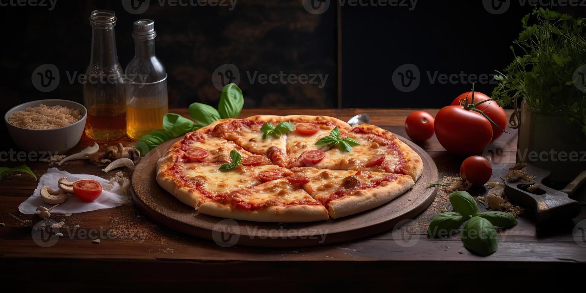 vers gebakken smakelijk pizza met vlees en groenten en kruiden Aan avondeten tafel. maaltijd voedsel restaurant achtergrond tafereel foto