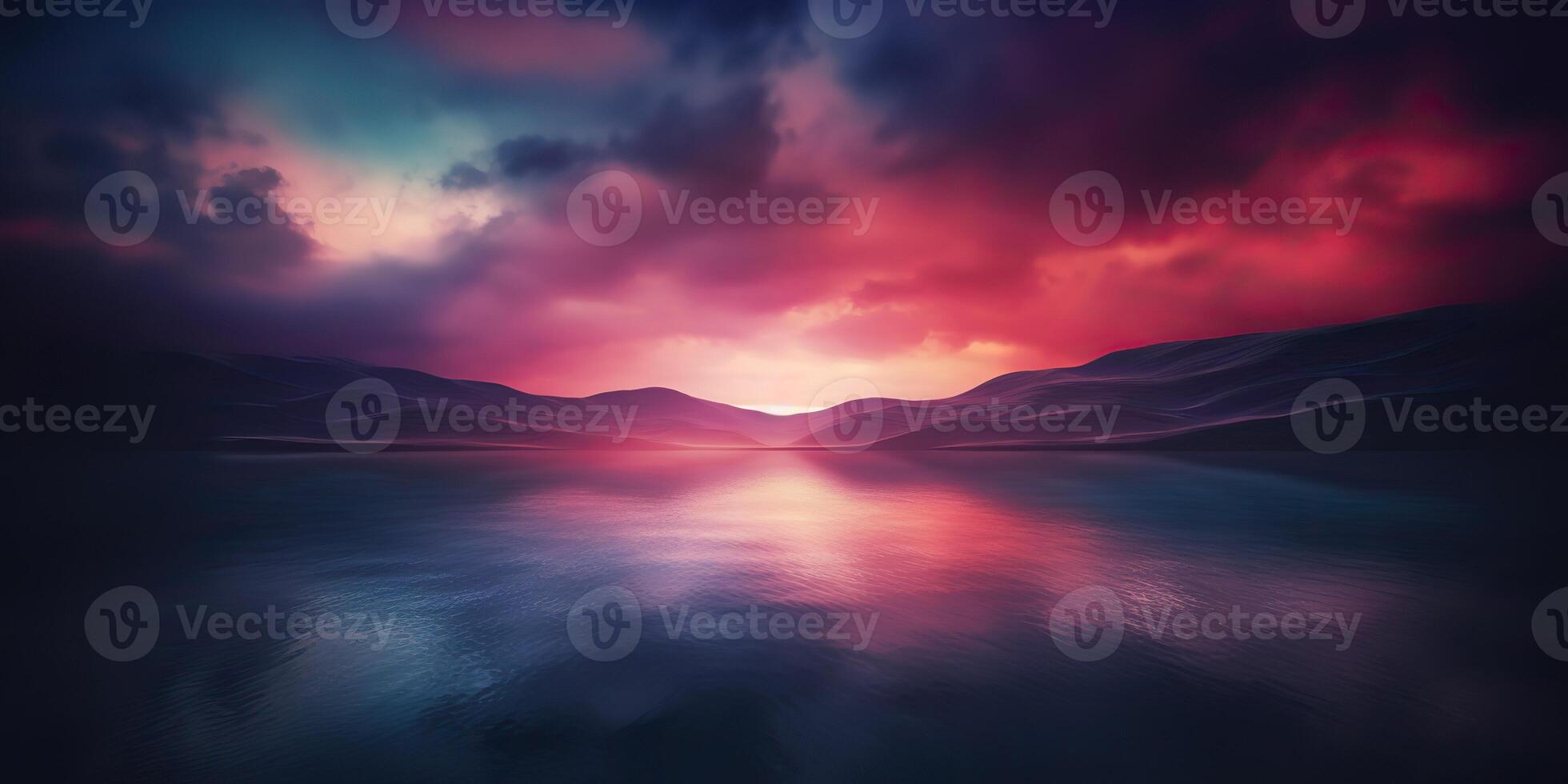natuur buitenshuis zonsondergang over- meer zee met bergen heuvels landschap achtergrond, roze vervagen uit van focus visie foto