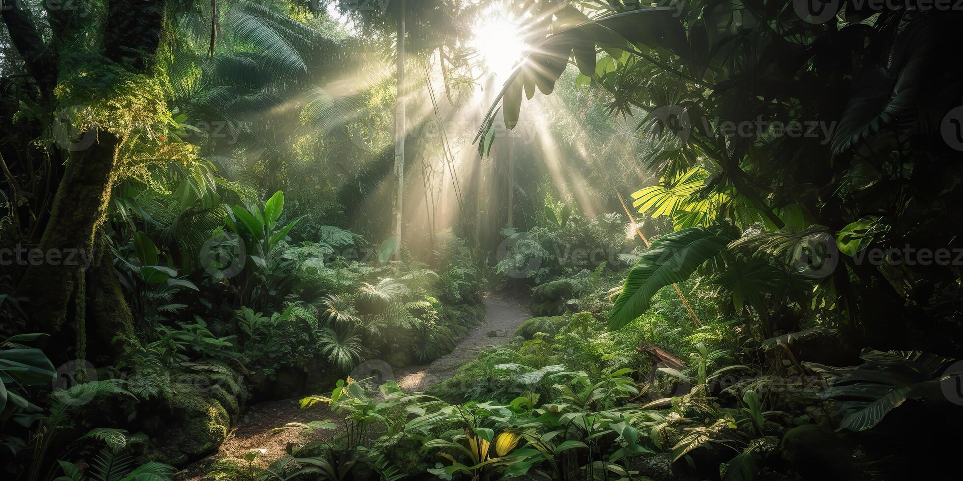 tropisch regen oerwoud diep Woud met beb straal licht schijnt. natuur buitenshuis avontuur uitstraling tafereel achtergrond visie foto