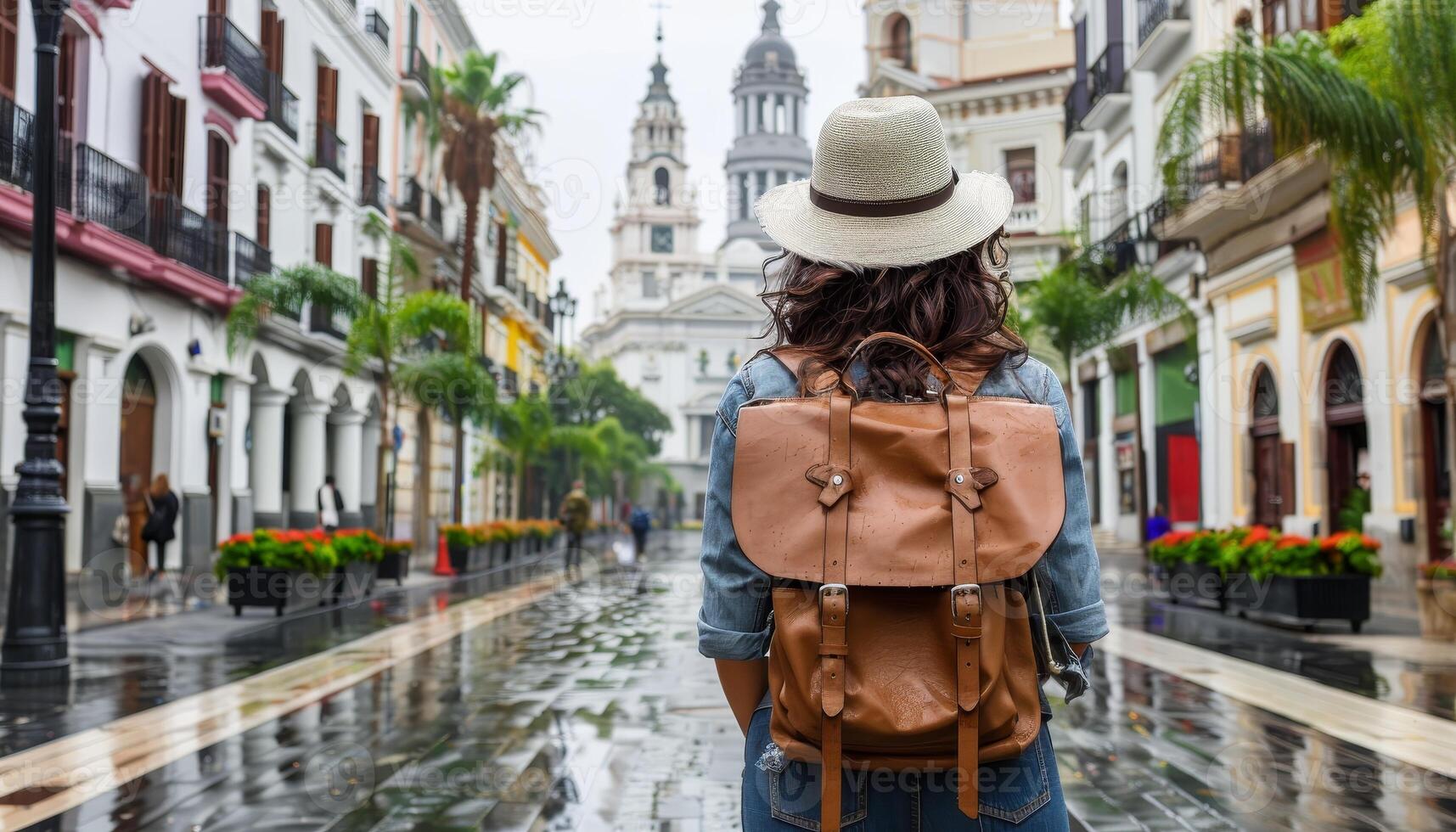 jong vrouw backpacker verkennen straten van historisch Spaans stad- Aan solo reizen avontuur foto