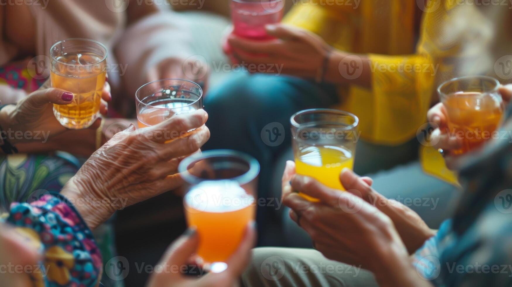 een groep van mensen zittend in een cirkel elk Holding een glas van sap en innemend in levendig gesprek foto