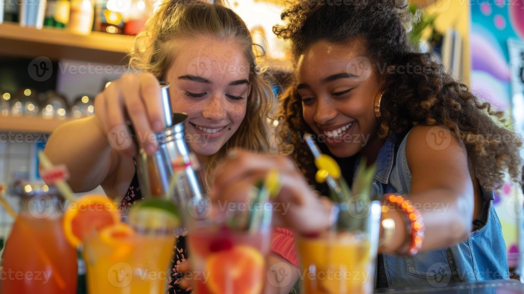 twee tiener- meisjes tonen uit hun mocktail maken vaardigheden voorzichtig gieten verschillend sappen en garnituren in een shaker foto