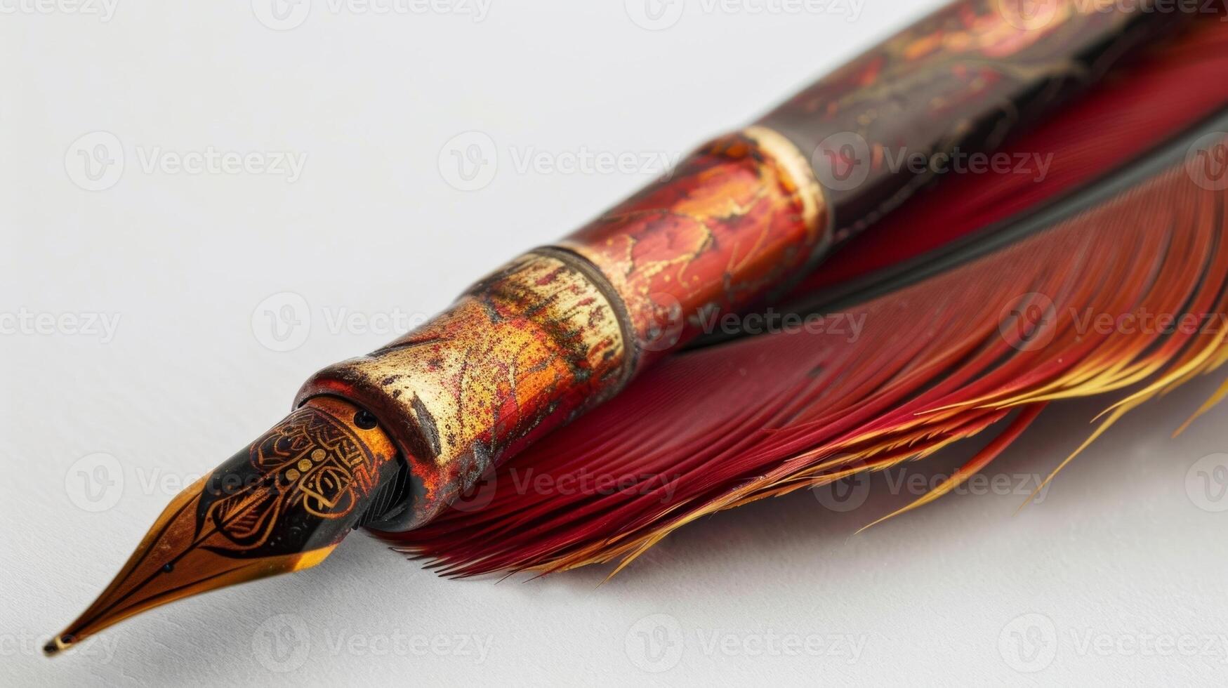 een decoratief schacht pen met rijk met juwelen versierd veren perfect voor penning poëtisch verzen of romantisch brieven foto