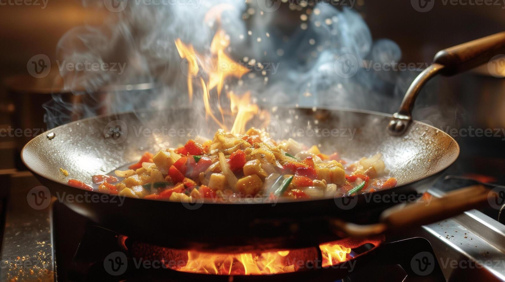 stoom- stijgende lijn en vlammen laaiend deze wok roerbak is een meesterwerk in de maken. de geluid van sissend olie en de rinkelend van metaal tegen de wok creëren een symfonie van smaken foto