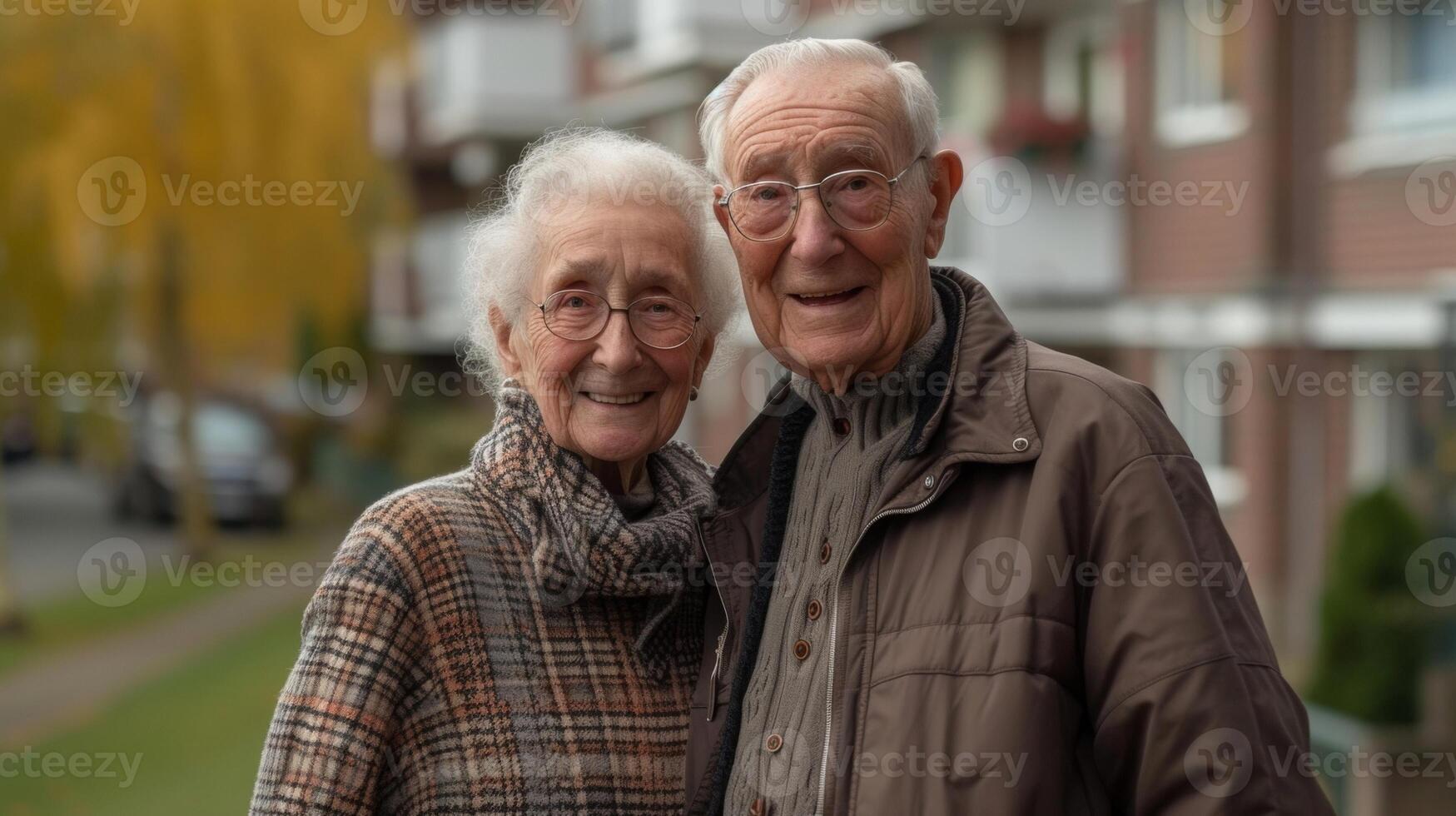 een glimlachen paar- van gepensioneerden houding buiten hun nieuw verkleind appartement gebouw opgewonden naar onderzoeken de dichtbij parken en activiteiten foto