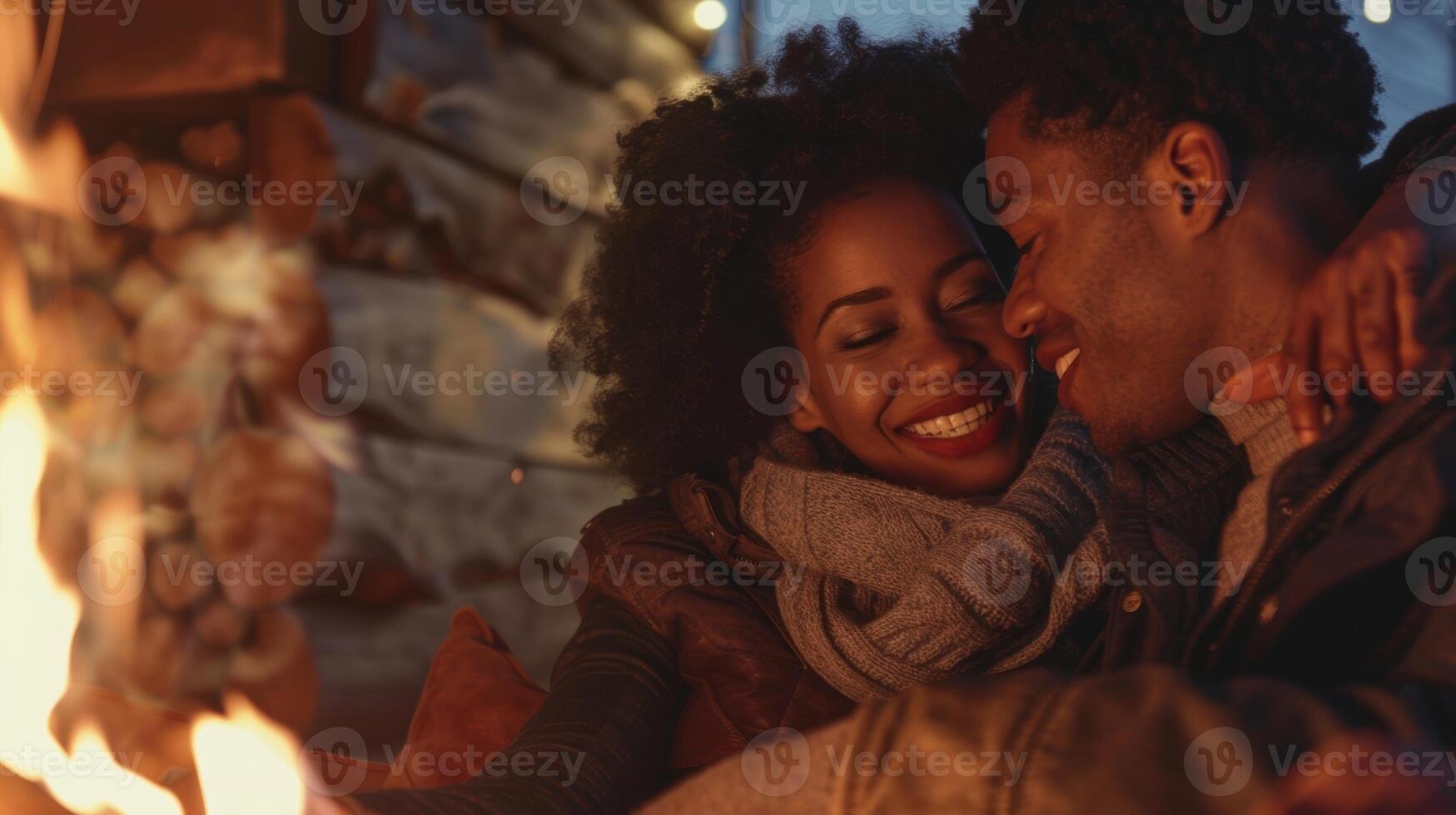 de warmte van de brand creëert een comfortabel atmosfeer net zo een paar zit dichtbij hebben een diep en intiem gesprek. 2d vlak tekenfilm foto