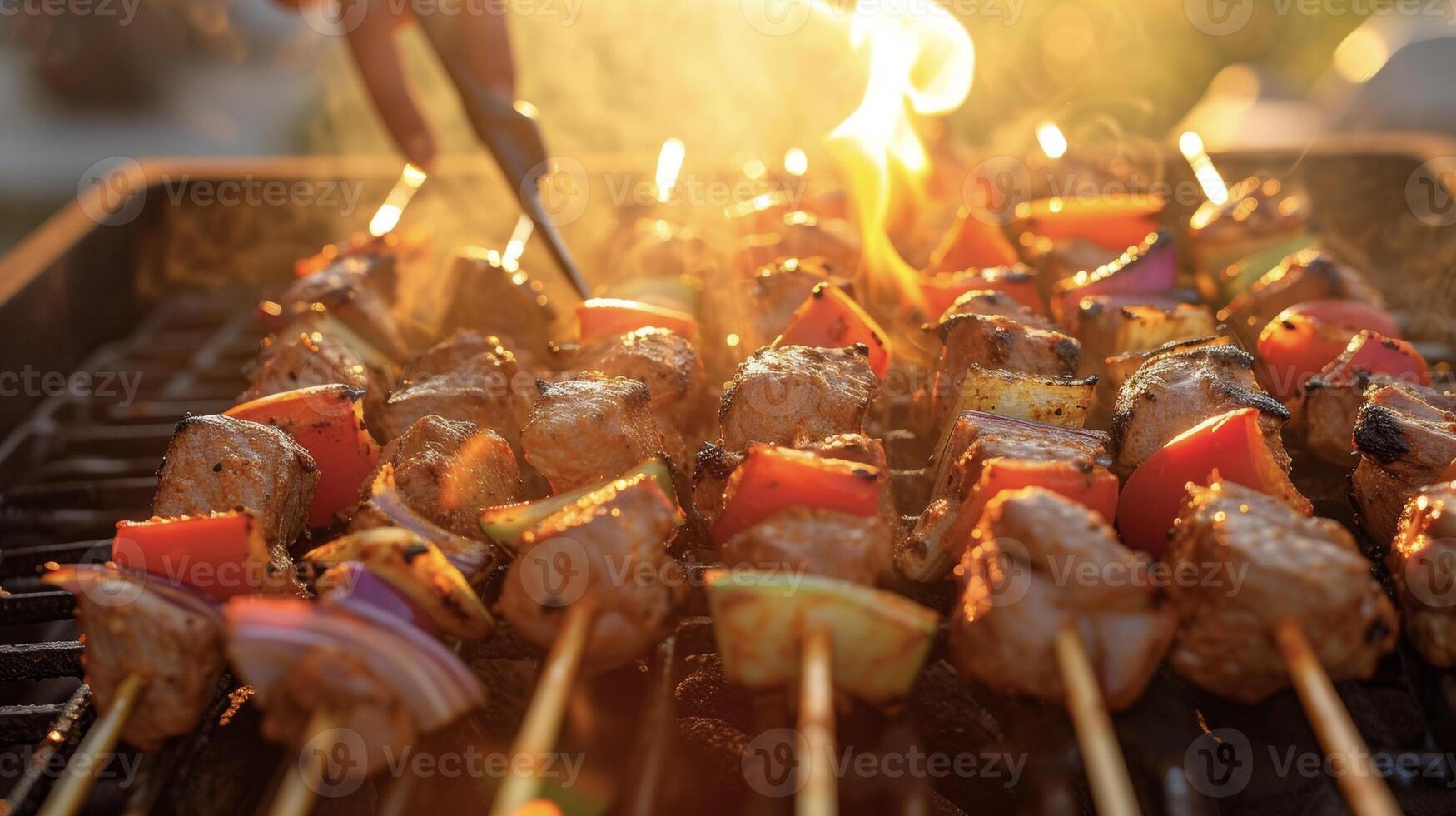 net zo de zon sets in de achtergrond de pitmaster voorzichtig flips spiesjes van inschrijving gemarineerd kebab Aan de grillen. de sissen van de groenten mengsels met de zoet en genieten foto