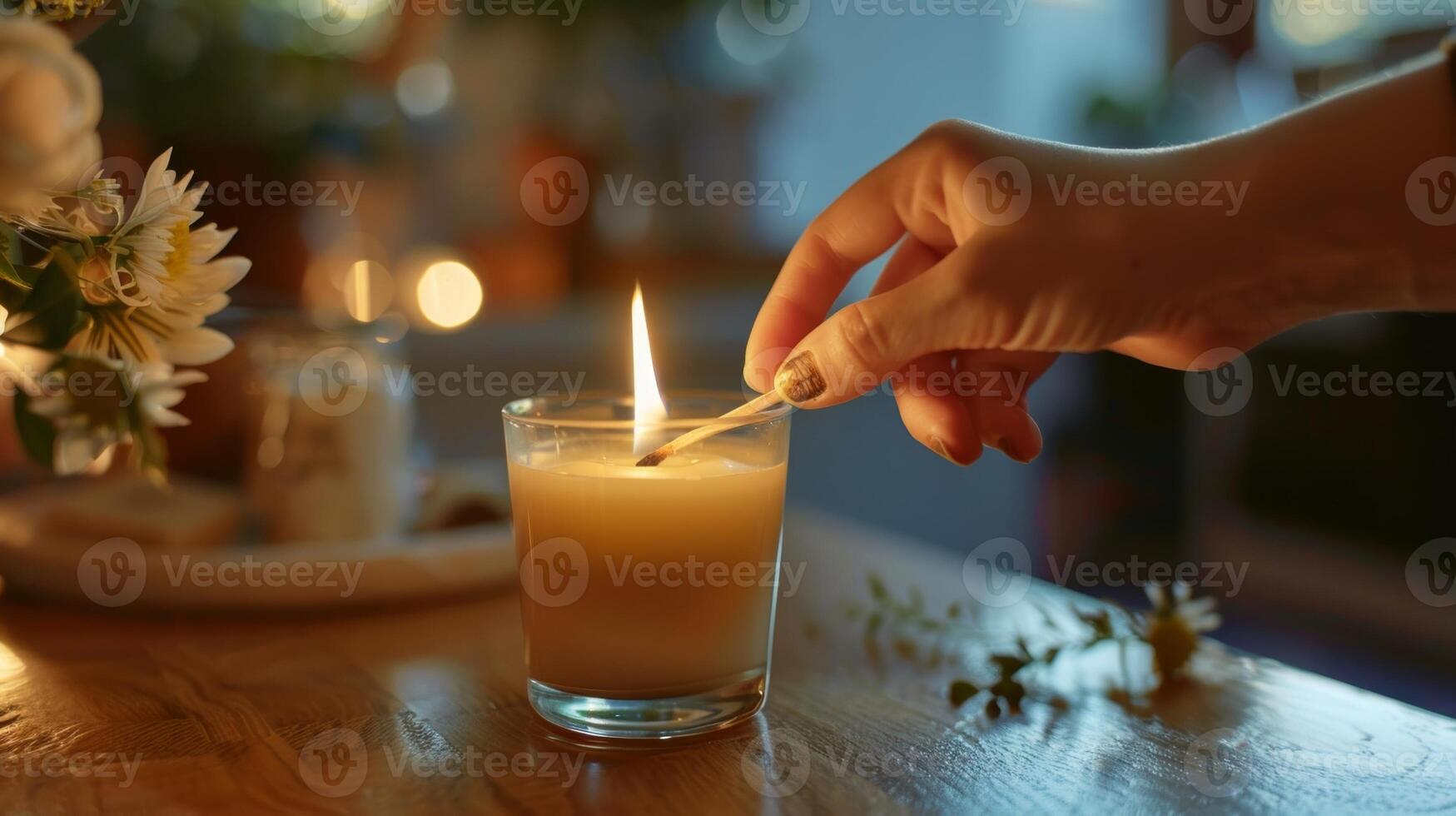 een hand- Holding een bij elkaar passen klaar naar licht de kaarsen en begin een avond van ontspanning toegeeflijkheid en zelfzorg foto