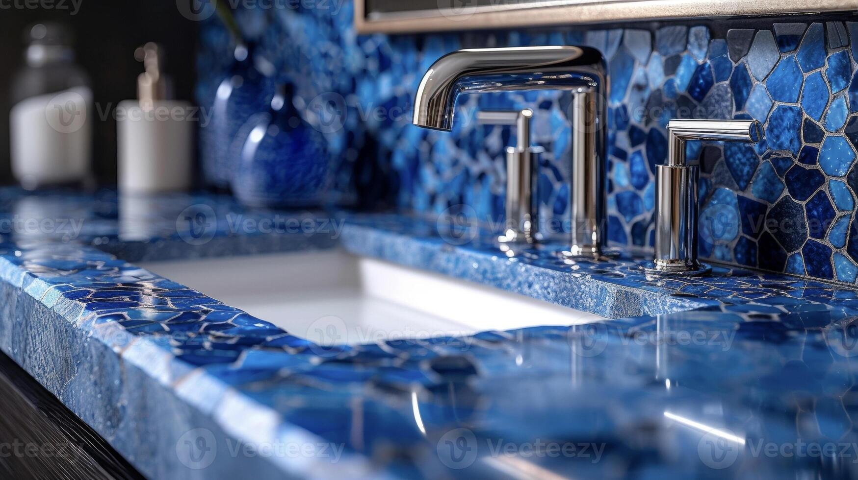 een detailopname van een marmeren mozaïek- aanrecht met ingewikkeld stukken van variërend tinten van blauw creëren een verbijsterend en uniek focaal punt in een badkamer foto