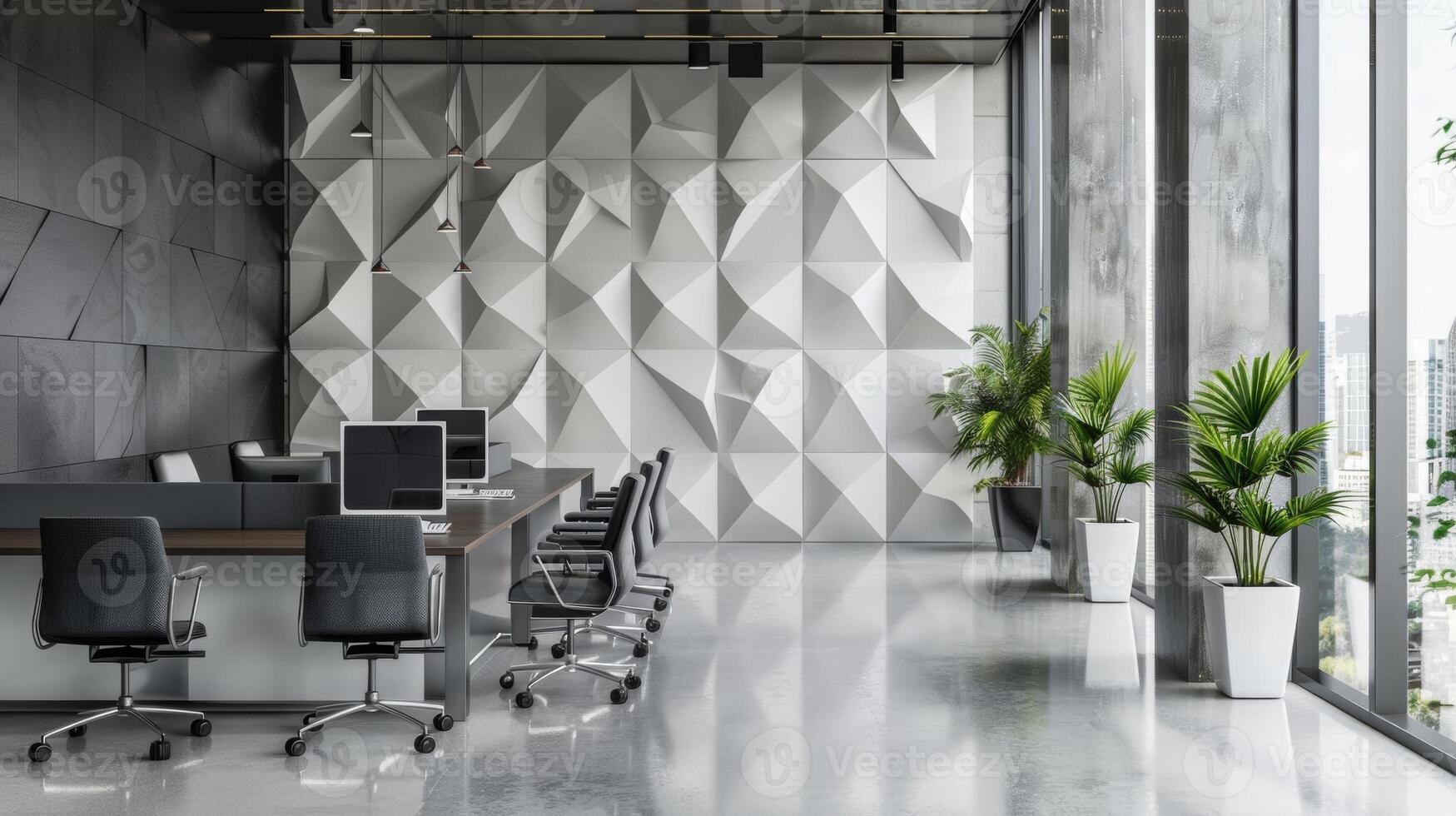 een monochromatisch meetkundig keramisch muur installatie toevoegen structuur en diepte naar een strak kantoor ruimte. foto