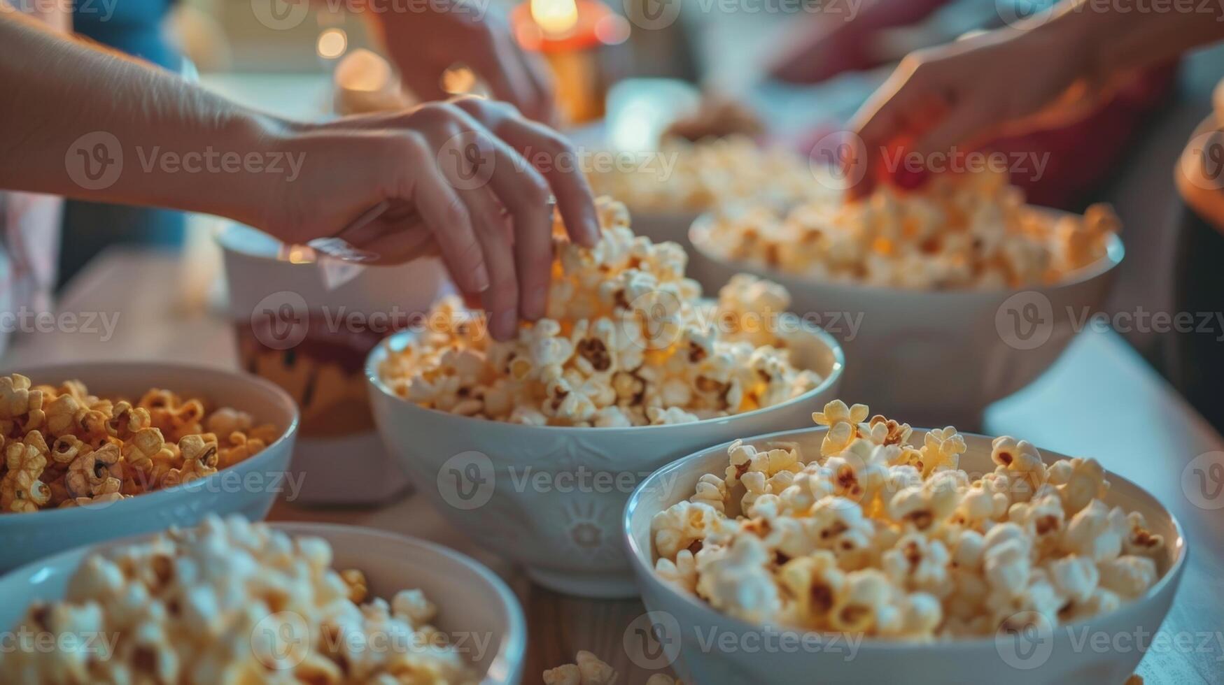 een film geprojecteerd op een blanco wit muur met kommen van popcorn geteerd in de omgeving van en gasten bereiken in naar grijp een handvol van hun voorkeur smaak foto