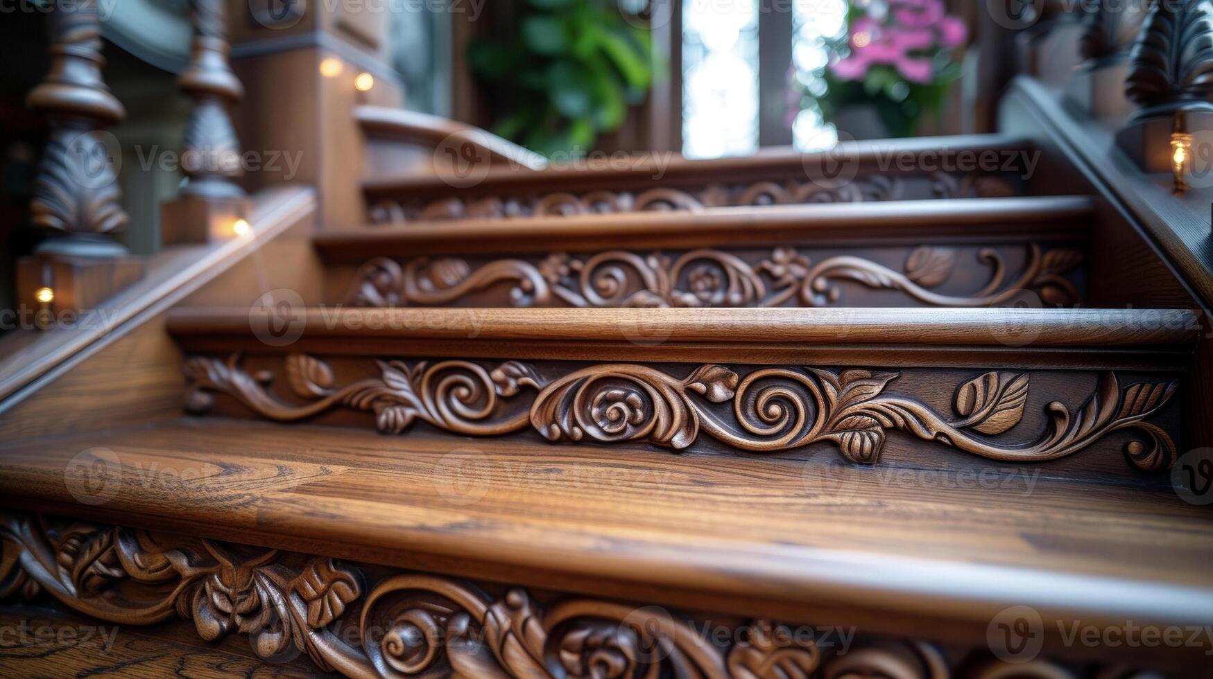 een gedetailleerd kijken Bij de ingewikkeld handgesneden patronen Aan de Op maat houten trap treden met elegant wervelingen en bloeit dat brengen een tintje van luxe naar de ruimte foto