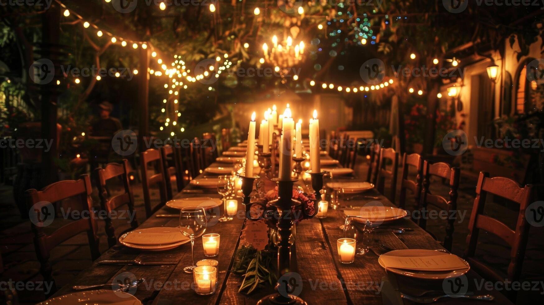 een lang houten tafel reeks voor een romantisch avondeten omringd door leng kaarsen in vintage-stijl houders. 2d vlak tekenfilm foto