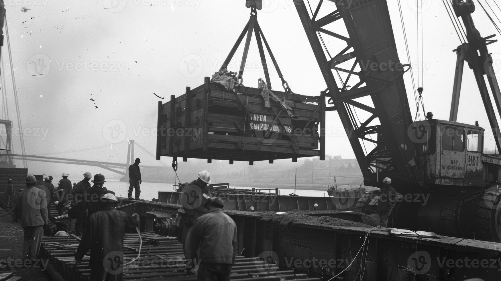 een kraan hijs- een zwaar laden van liggers op de brug net zo arbeiders Aan de grond gids het in positie foto
