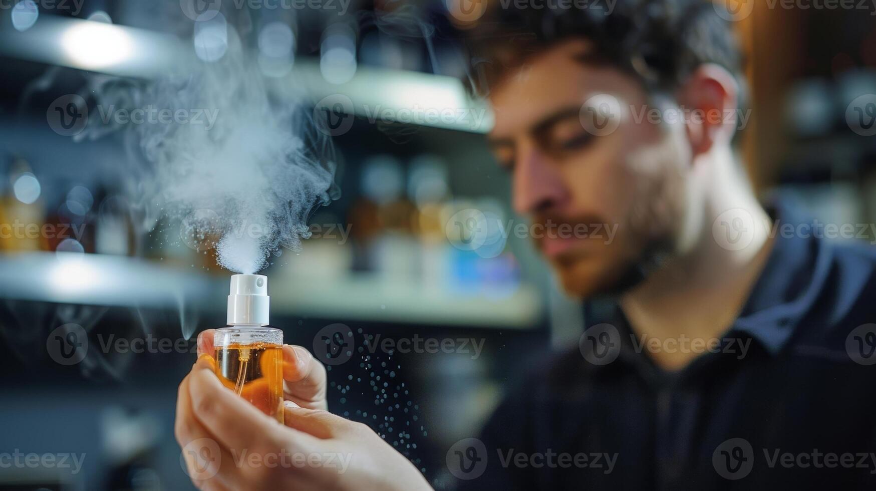 de parfumeur sprays een de nevel van de nieuw gemaakt parfum op een wit testen strip toelaten de cliënt naar krijgen een eerste vleugje van hun Op maat creatie foto