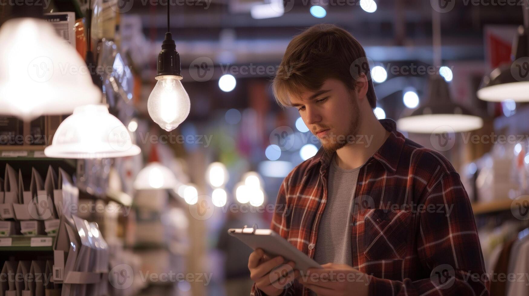 een schot van een doe-het-zelf vergelijken verschillend types van verlichting armaturen Bij een huis verbetering op te slaan proberen naar vind de perfect een naar compleet hun huis vernieuwing project foto