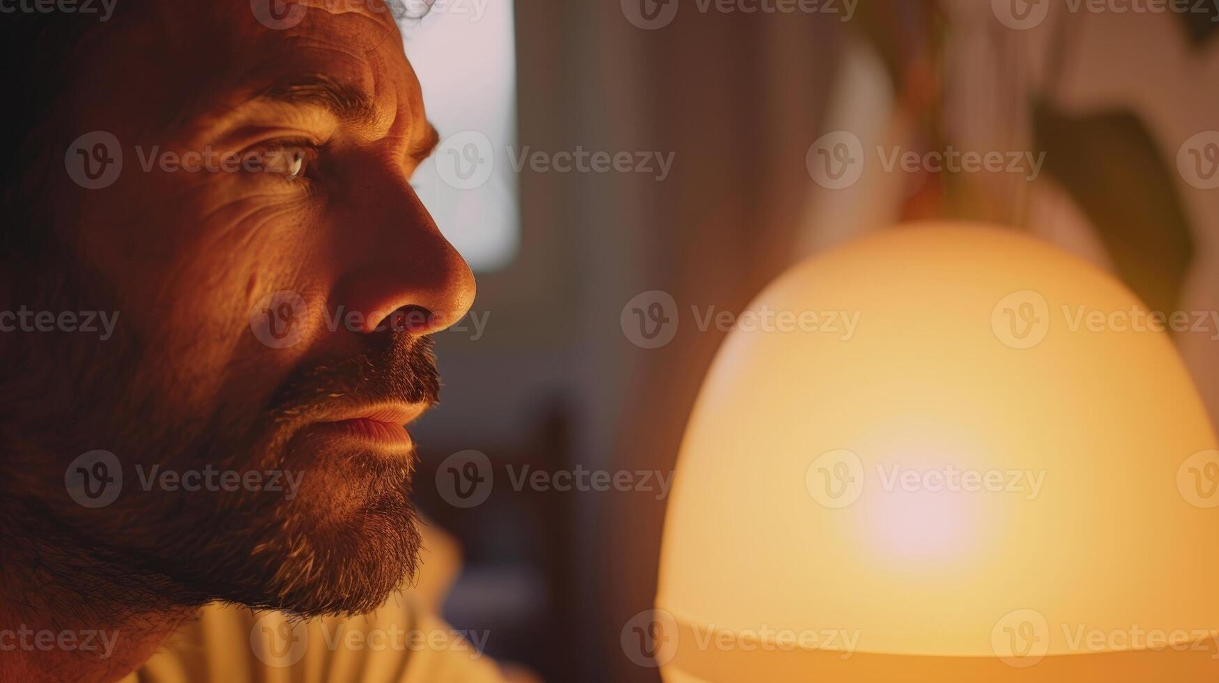 een Mens beginnend zijn dag met een lichttherapie lamp Aan zijn nachtkastje tafel gieten een warm gloed Aan zijn gezicht foto