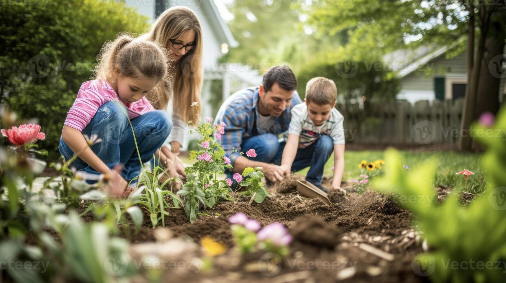 een familie van vier tackelt een achtertuin landschapsarchitectuur project met de ouders leidend hun kinderen in aanplant bloemen en houdende naar beneden nieuw gr foto