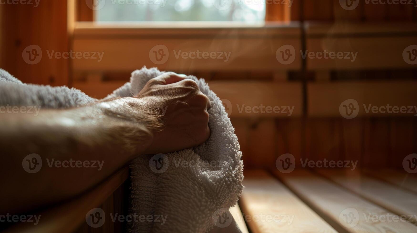 een detailopname van een patiënten hand- Holding op een handdoek net zo ze genieten de rustgevend warmte van de sauna gebruik makend van deze tijd naar vrijlating spanning en spanning van hun lichaam. foto